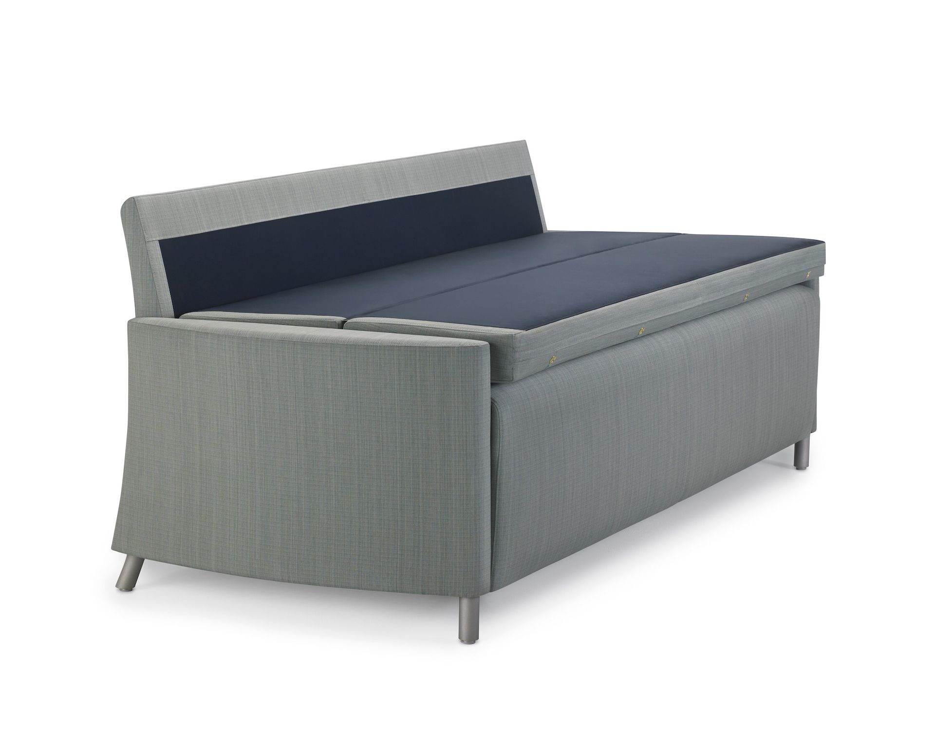 Nemschoff Pamona Flop Sofa in a gray upholstery with the sleep surface open, viewed from an angle.