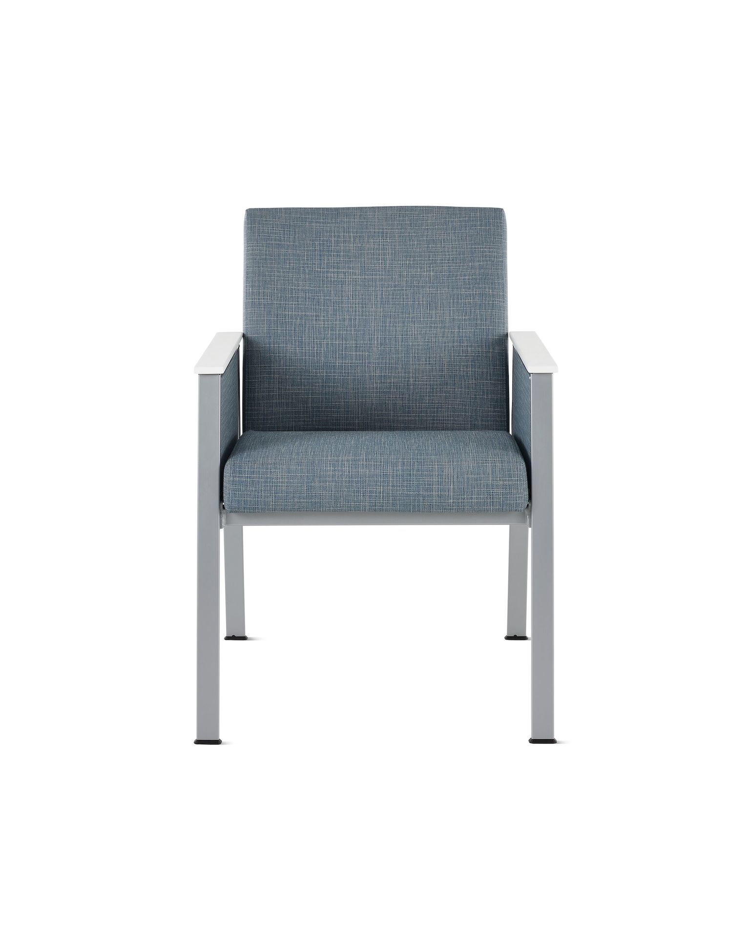 Front view of an Easton Side Chair with blue upholstery, metallic silver four leg base and closed arms with blue upholstery and glacier white Corian arm caps.