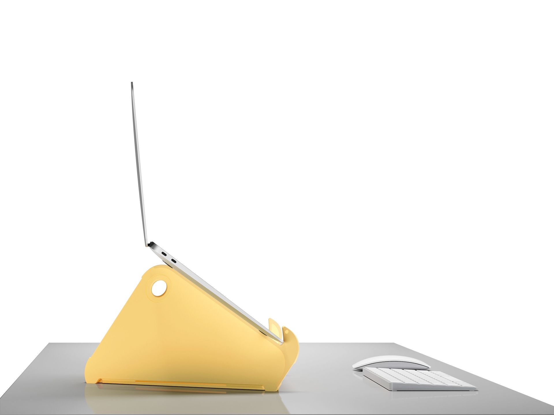 Side profile of an open and raised laptop on an Oripura Laptop Stand in yellow.