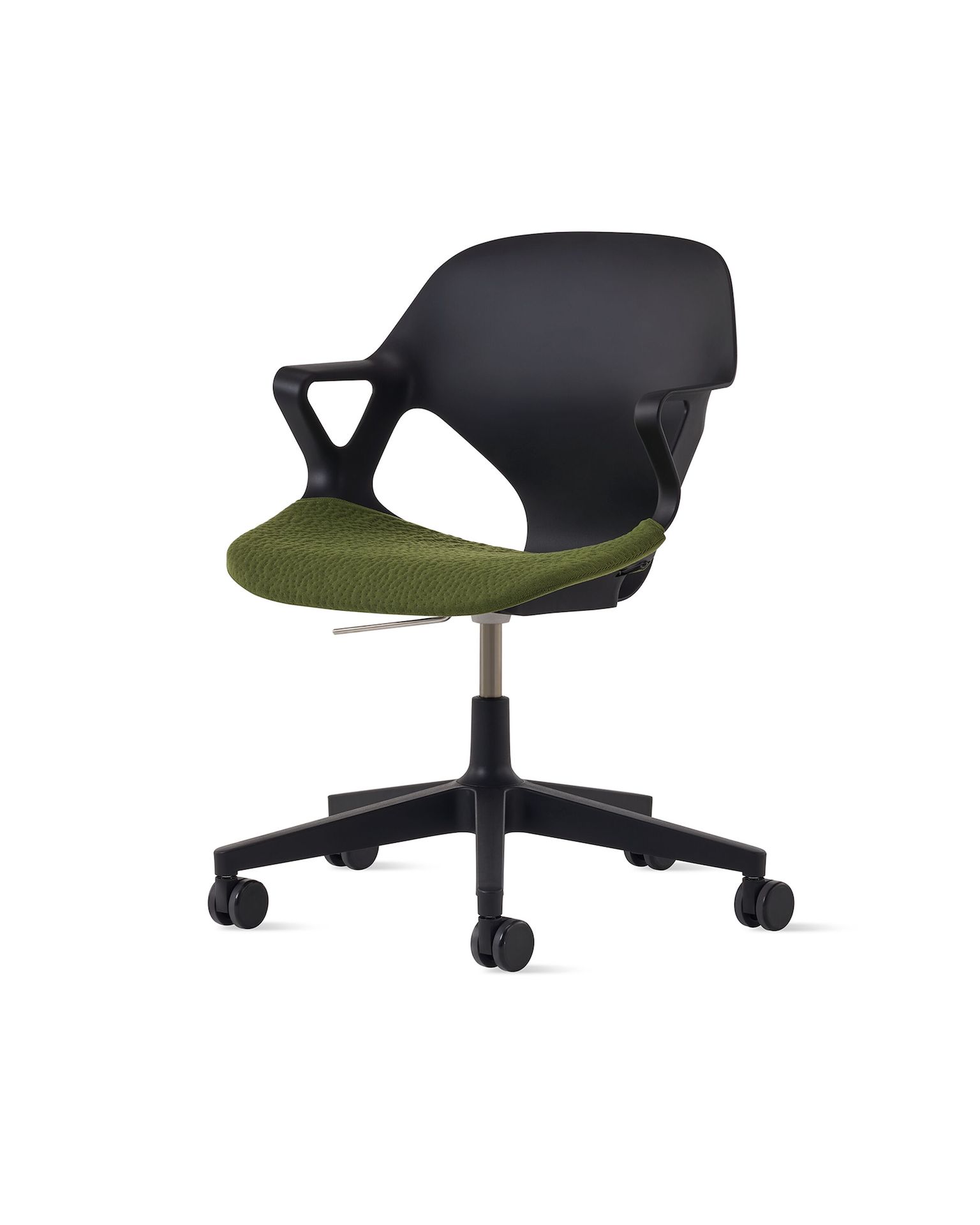 Front angle view of a black Zeph chair with fixed arms and an olive  seat pad.