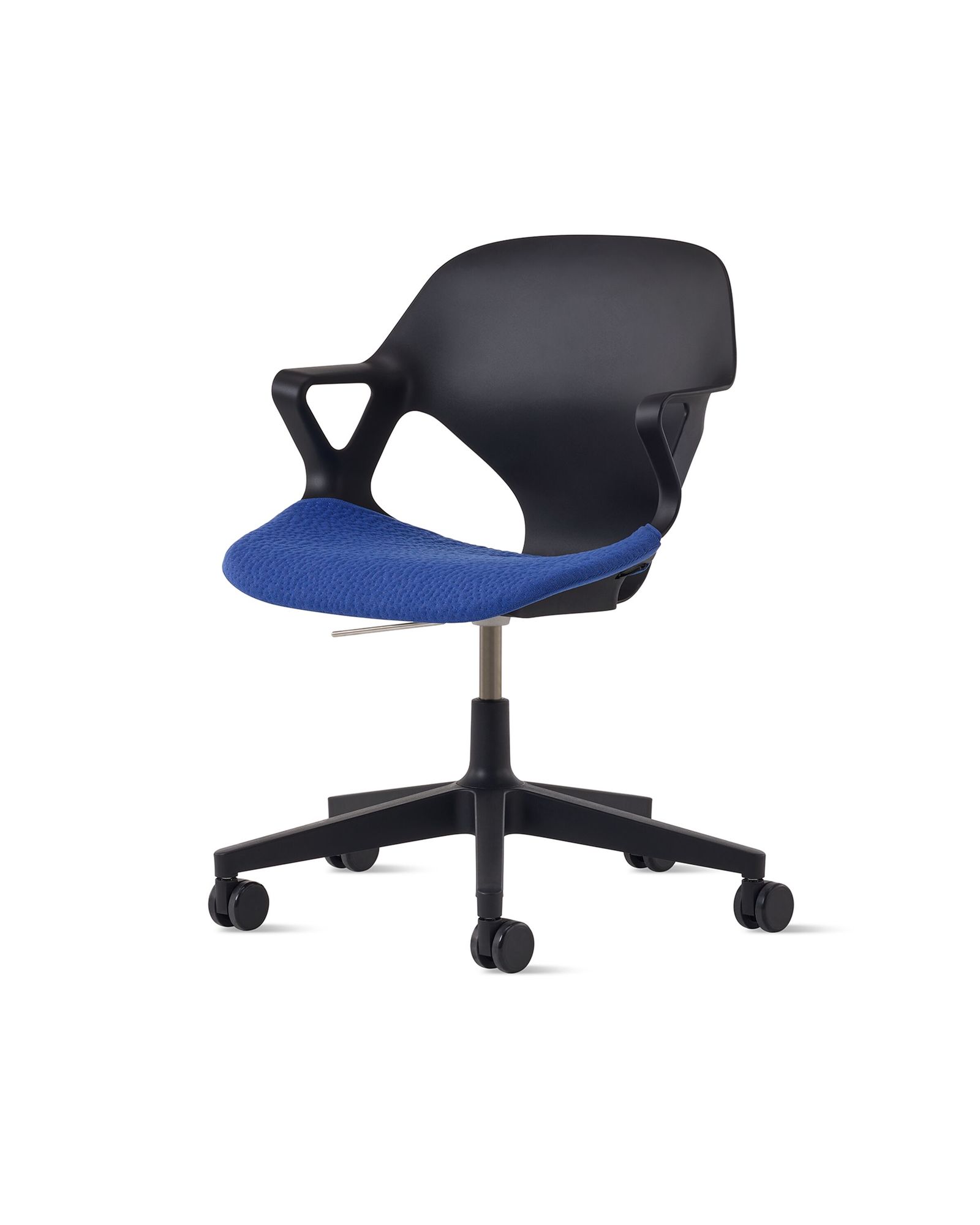 Zeph Chair, Black Fixed Arms with Bluebell Seat Pad - Herman Miller