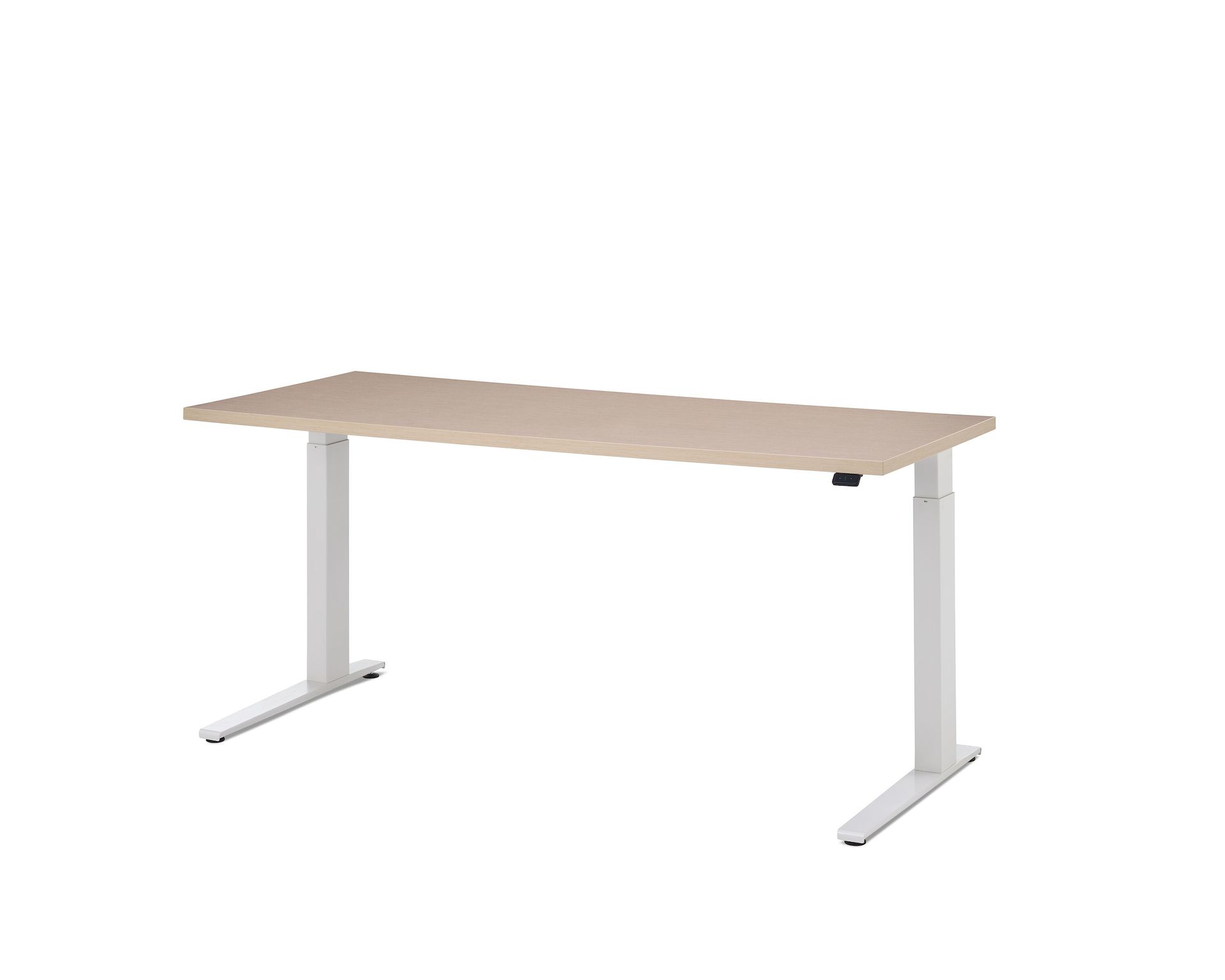 Height-adjustable table with white base, clear on ash surface and a Simple Touch Switch.