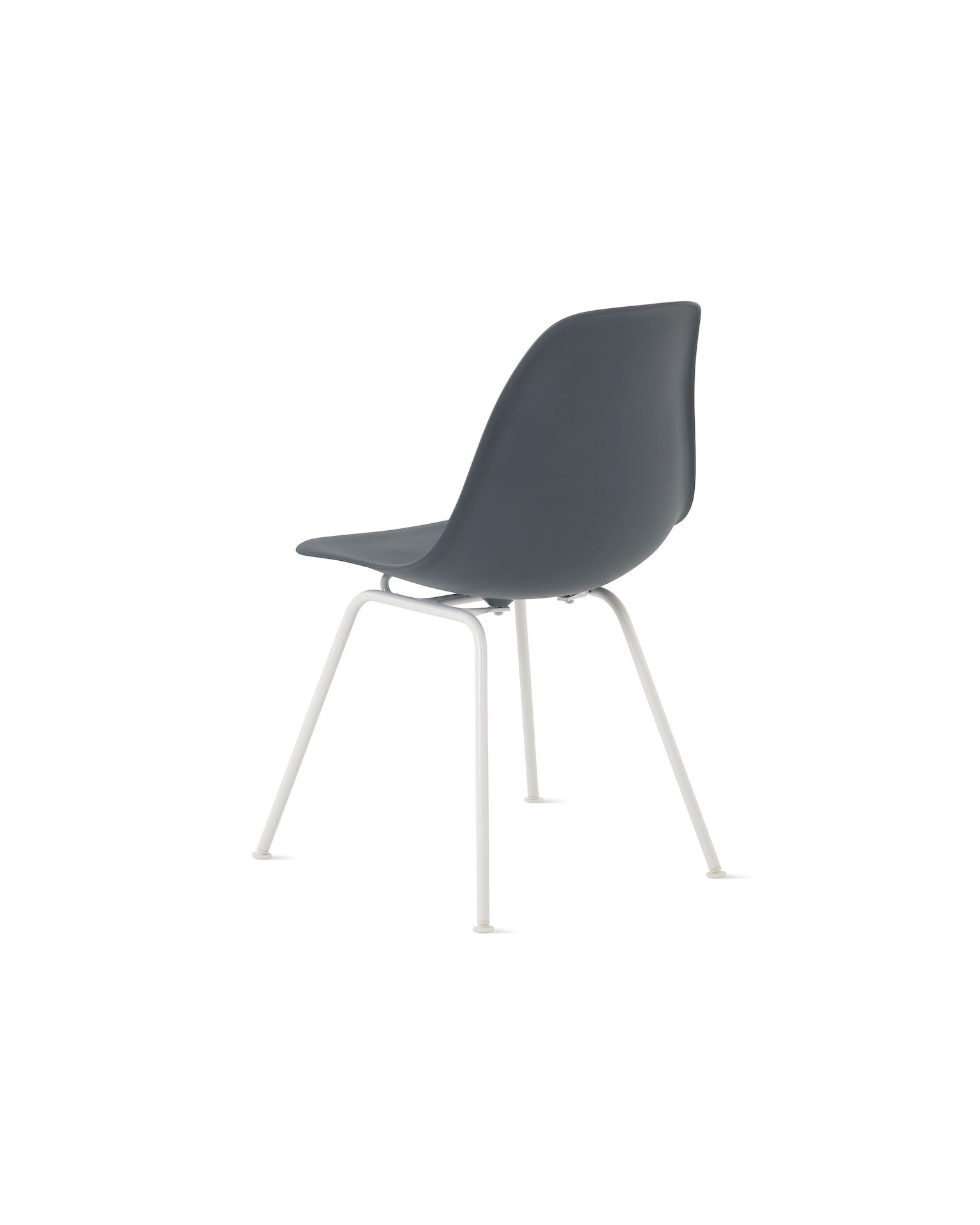 Back angle of medium grey plastic shell chair on 4-leg base.