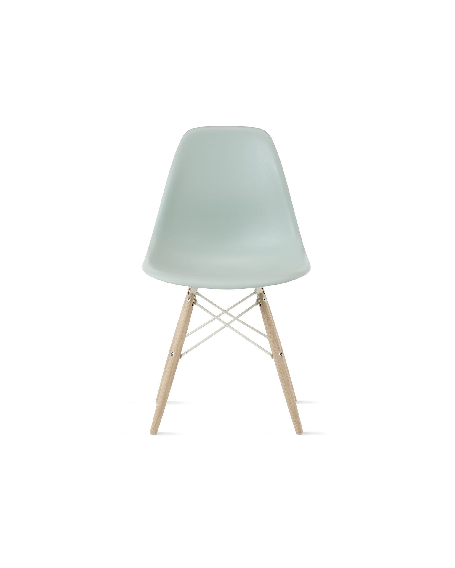 Front view of grey green plastic shell chair with dowel base.