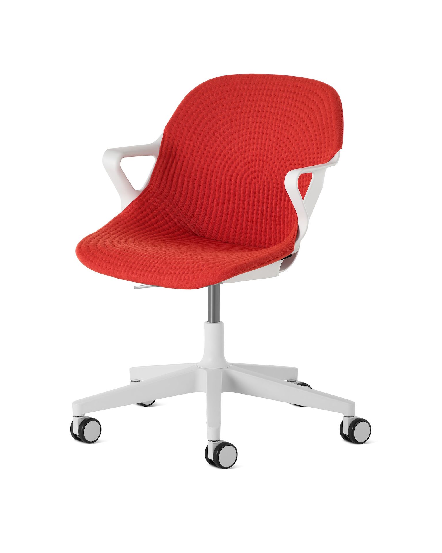 Front angle view of a Zeph chair  with fixed arms in light grey with a red knit cover