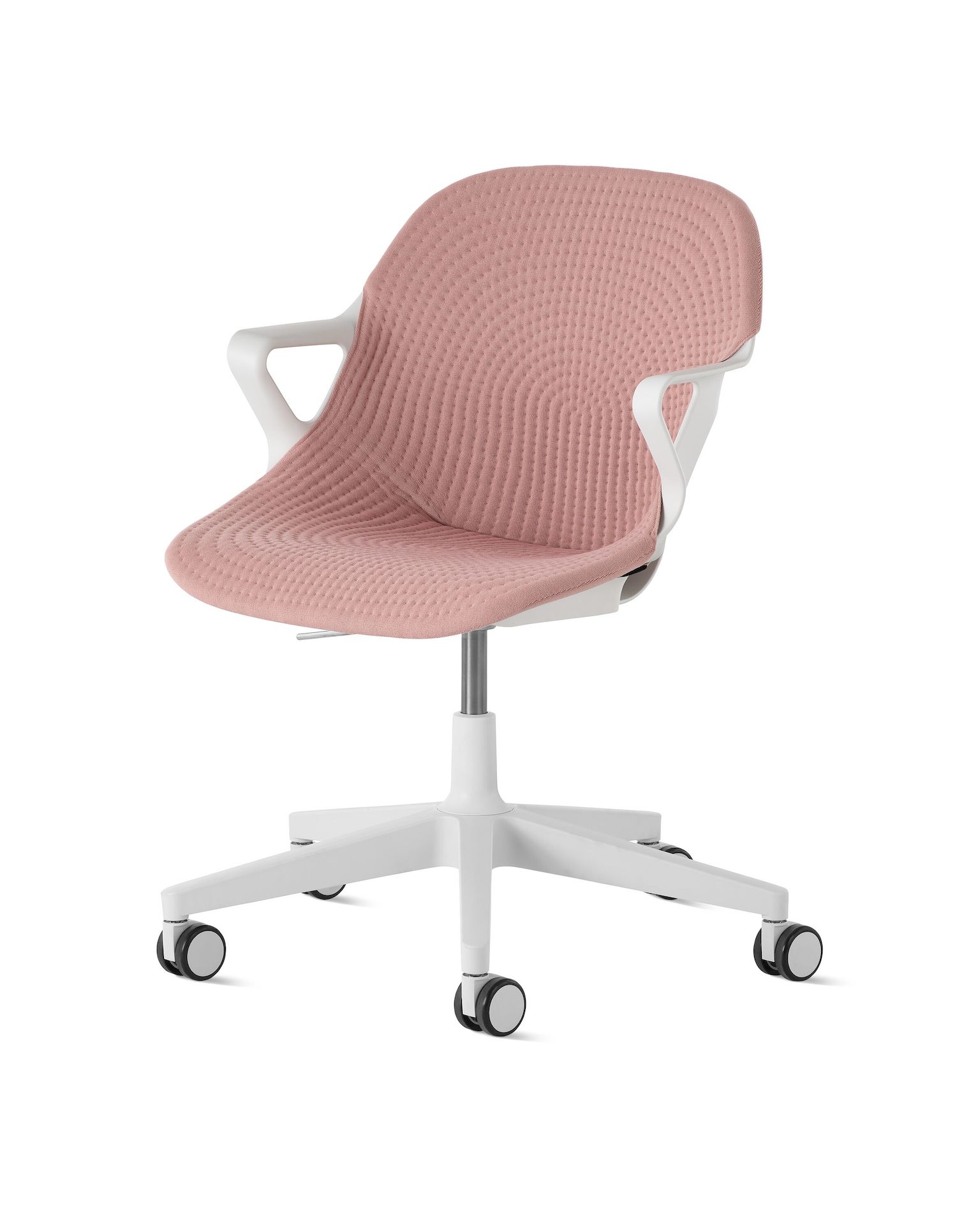 Front angle view of a Zeph chair  with fixed arms in light grey with a light pink  knit cover