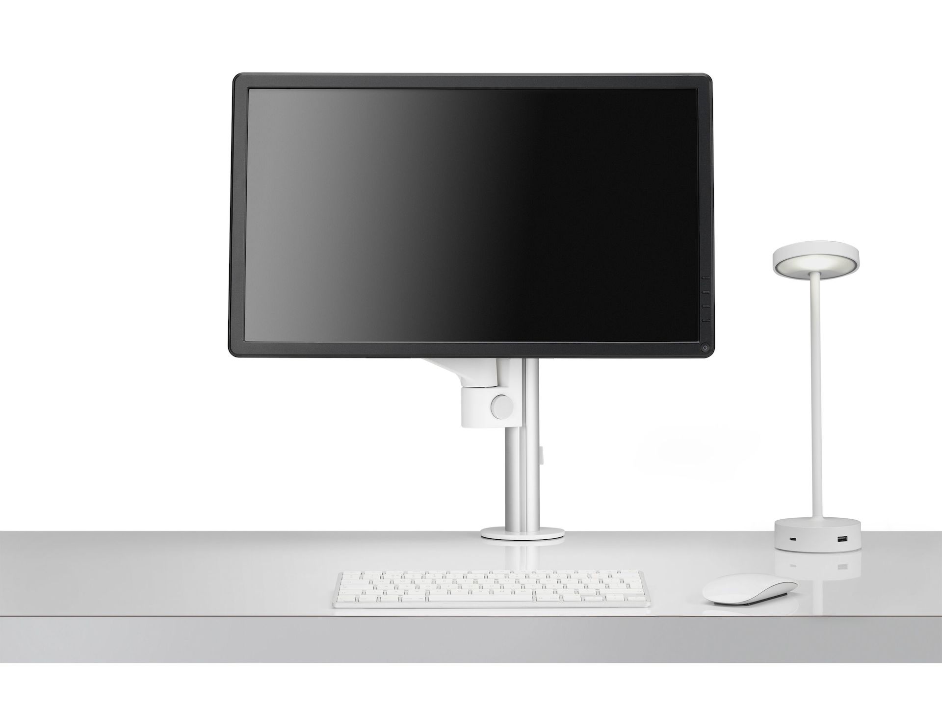 Front view of single Lima Monitor Arm with Lolly Personal Light.