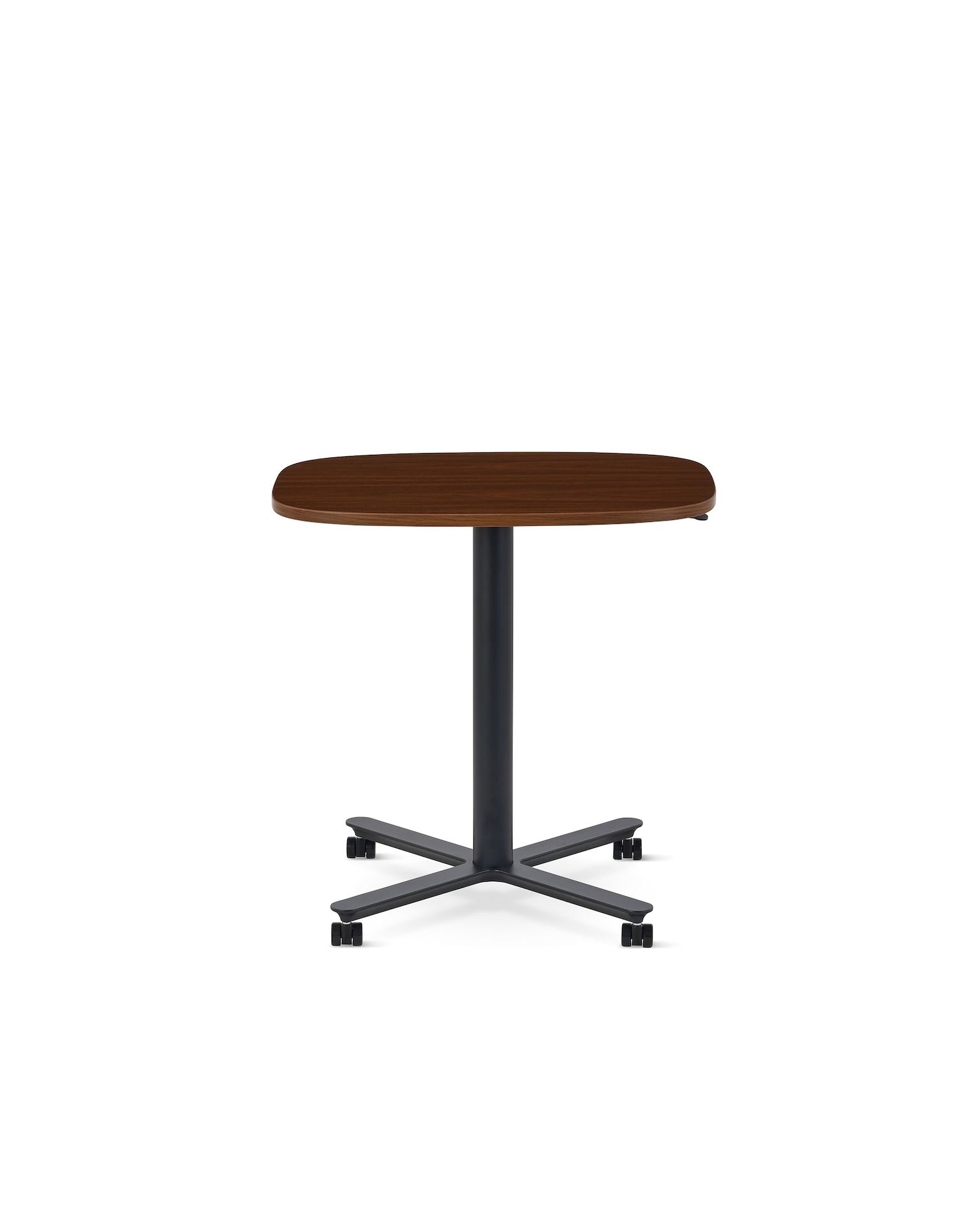 Large Passport Work Table in walnut with a black base, shown on casters.