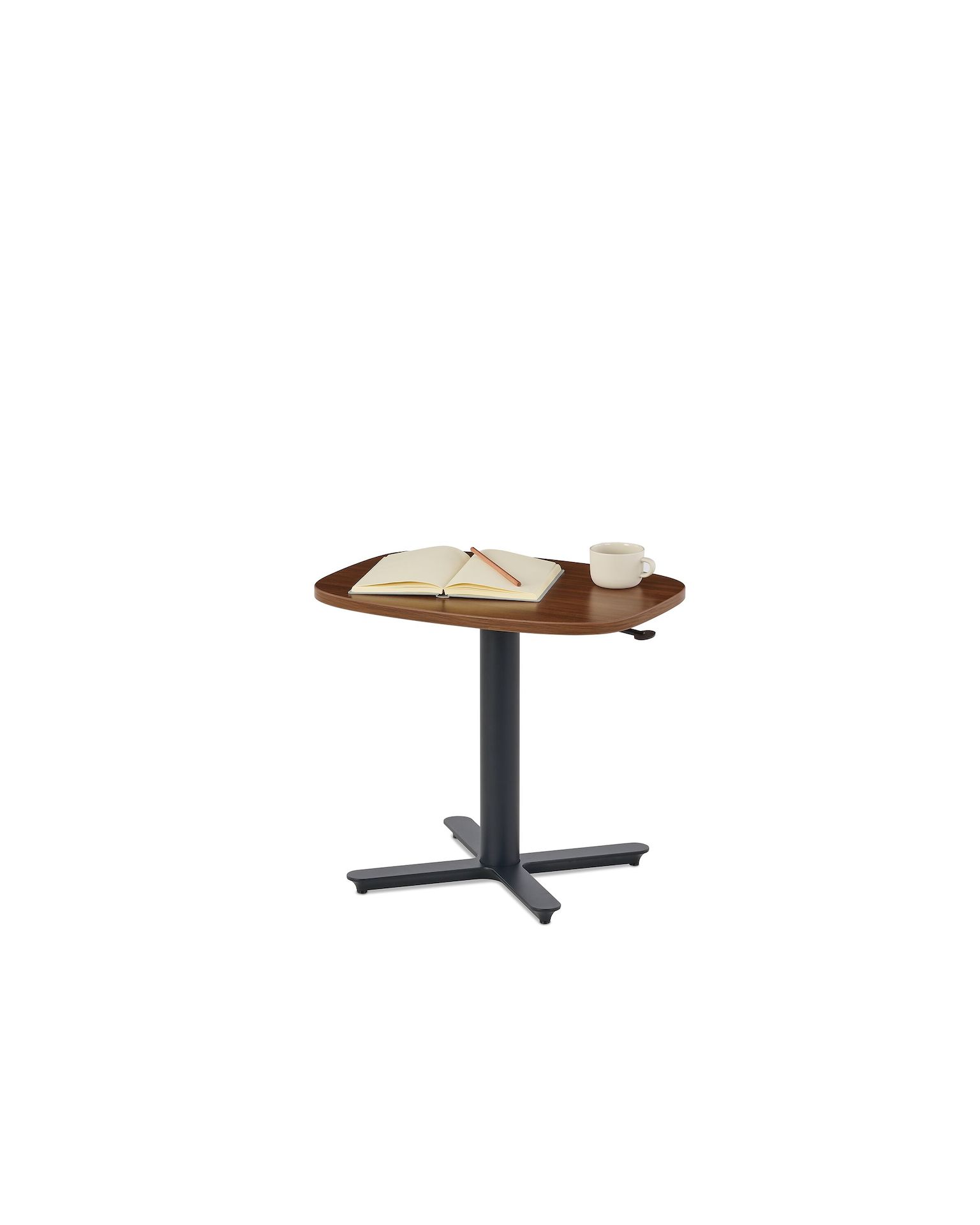 Small Passport Work Table with walnut surface and black base on glides.