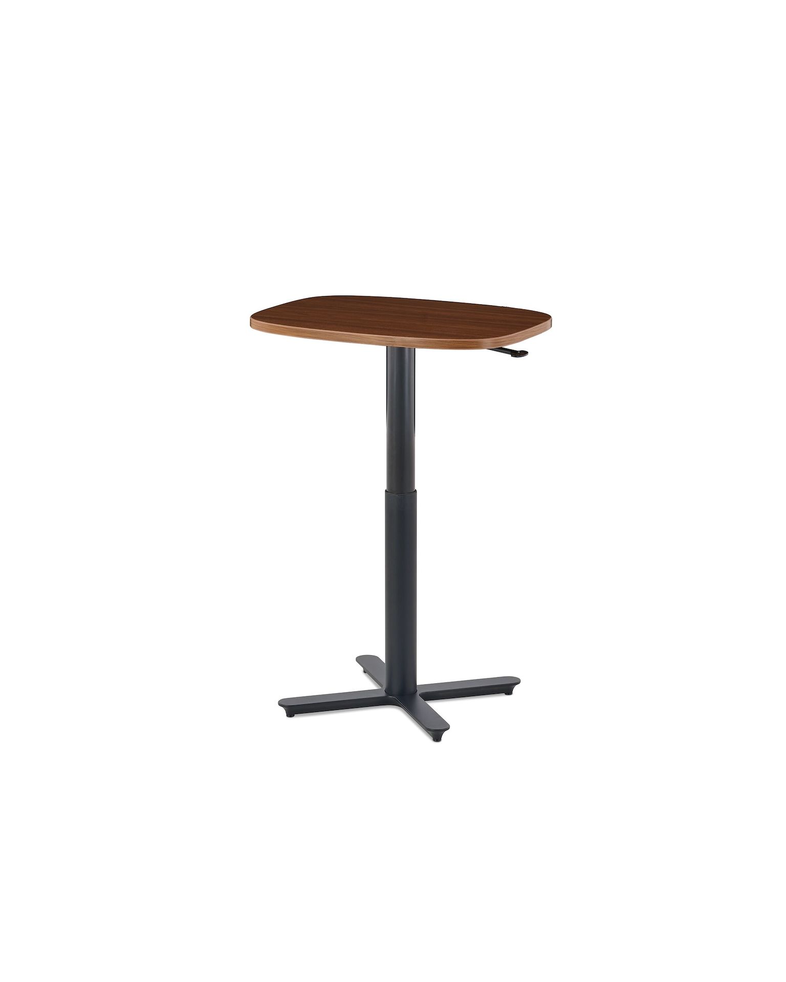 Small Passport Work Table with walnut surface and black base on glides.