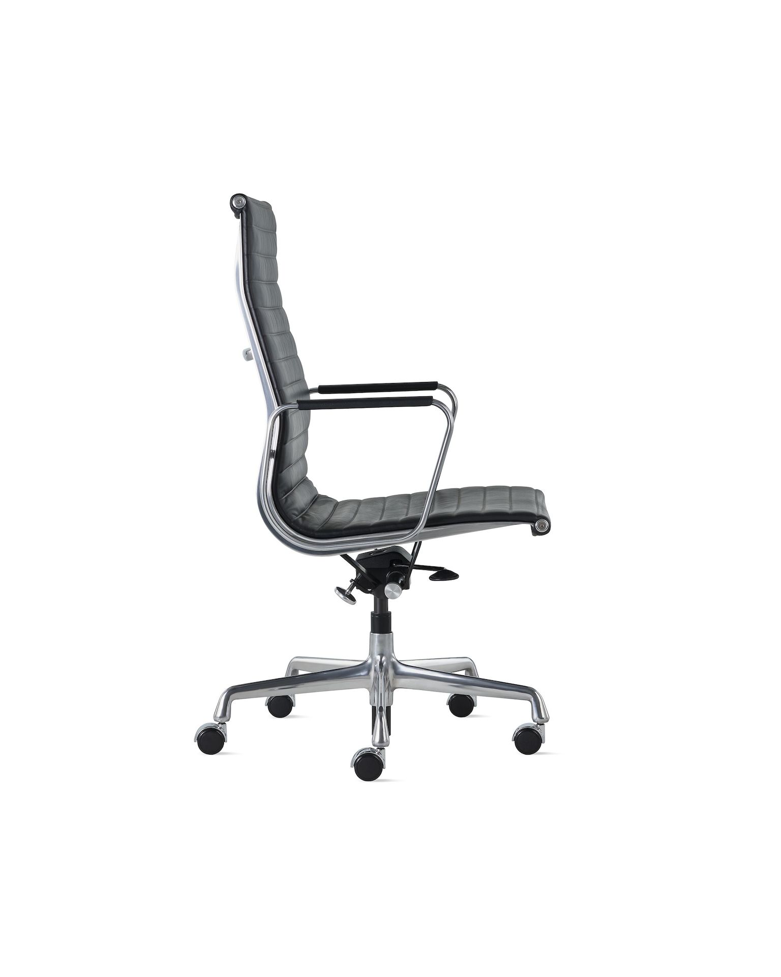 Profile view of an Eames Aluminum Group Executive Chair with arm caps.