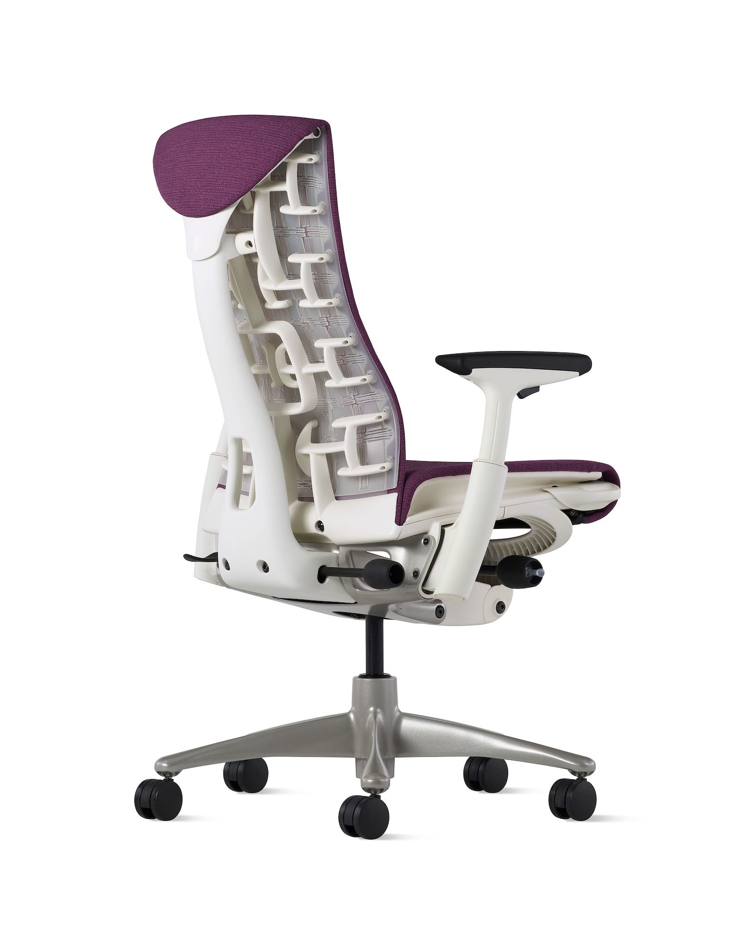Rear angle view of an Embody chair in deep violet.