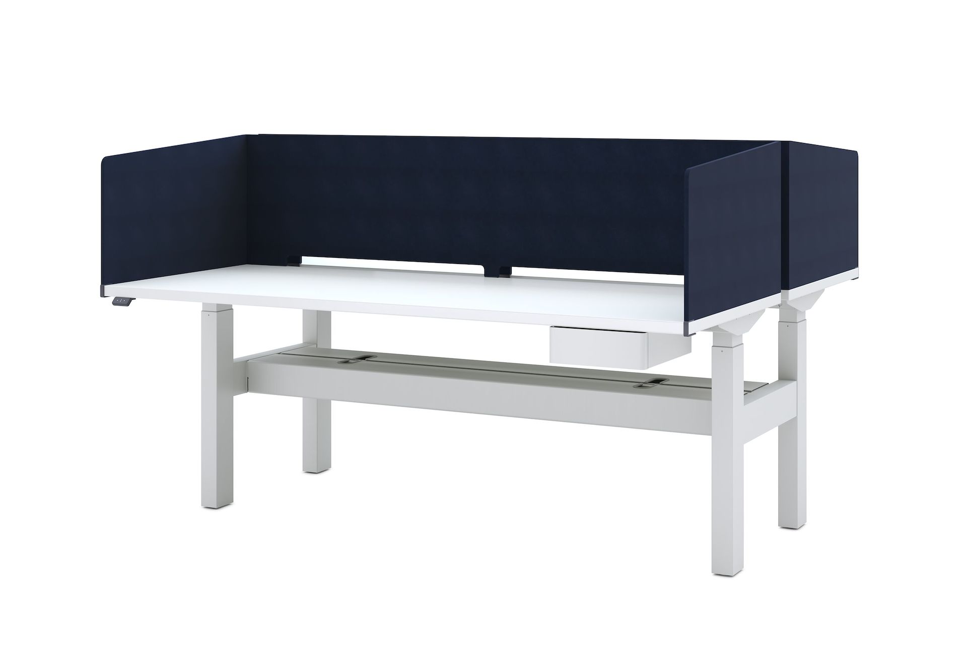 Gray Nevi Link back-to-back desks with blue PET screens and small suspended storage.