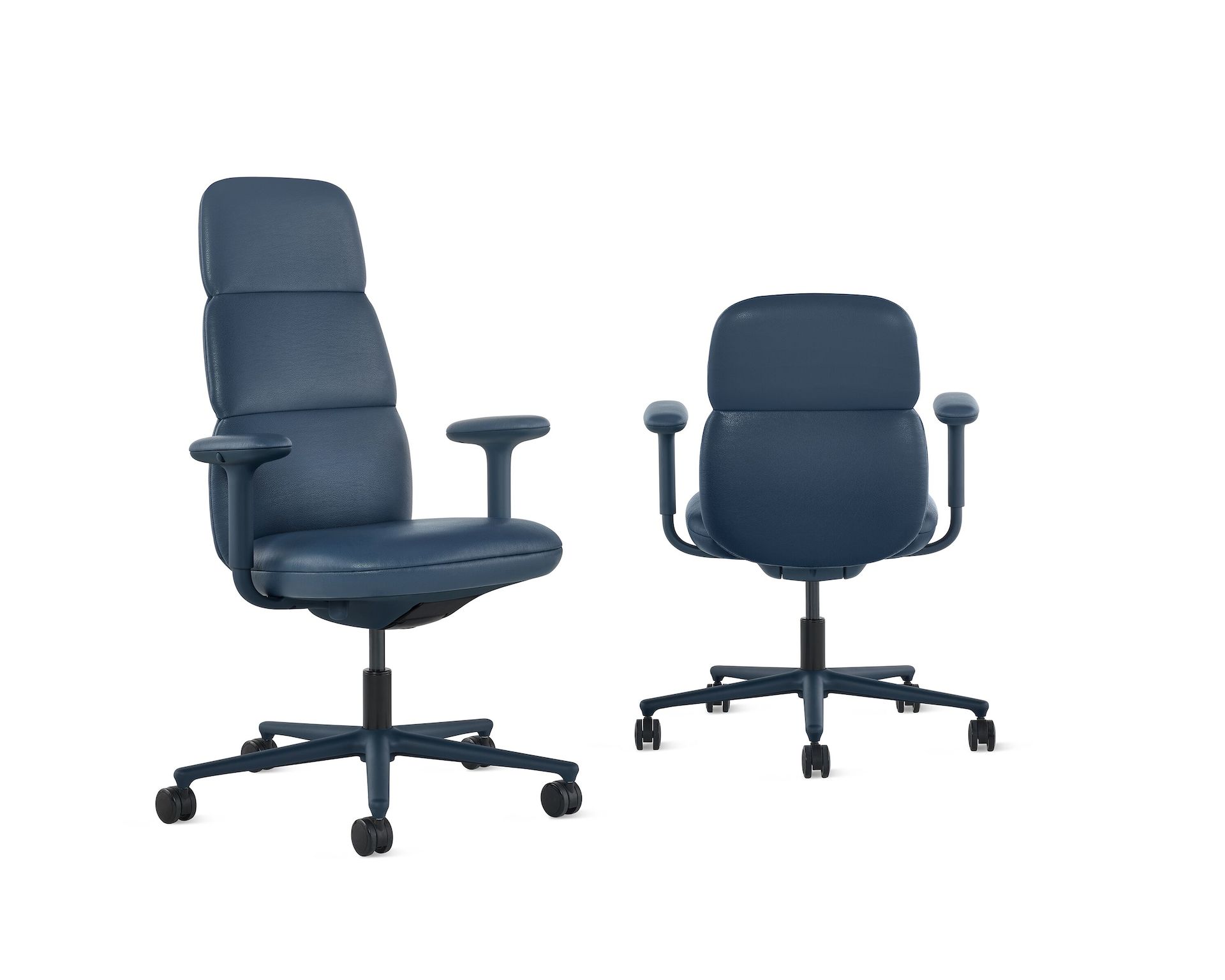 A high-back Asari chair by Herman Miller next to a mid-back Asari chair by Herman Miller both in dark blue leather with height adjustable arms.