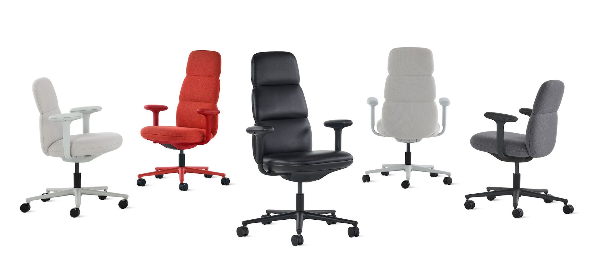 A group of five Asari chairs by Herman Miller all with height adjustable arms.  Included in this group are a md-back light grey chair, a high-back deep red chair, a high-back black leather chair,  a high-back light grey chair and a mid-back dark grey chair.