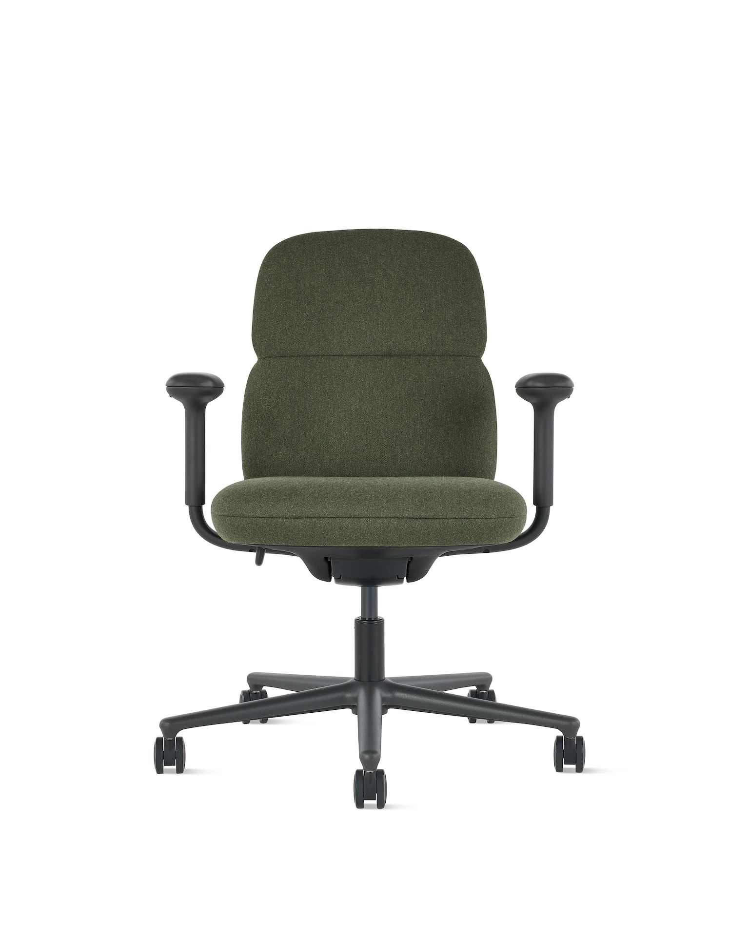 Front view of a mid-back Asari chair by Herman Miller in olive green with dark grey height adjustable arms.