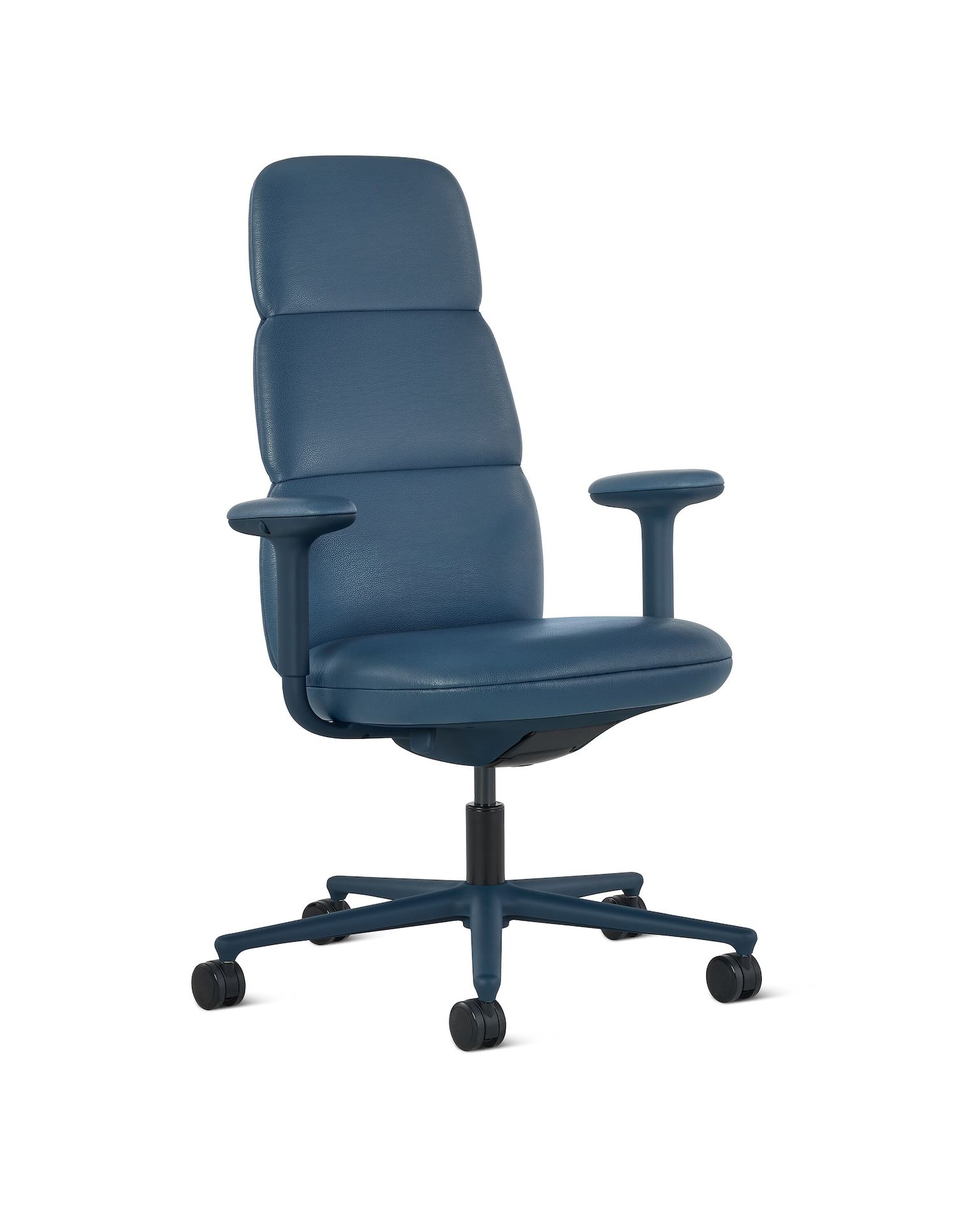 Front angle view of a high-back Asari chair by Herman Miller in dark blue leather with height adjustable arms.