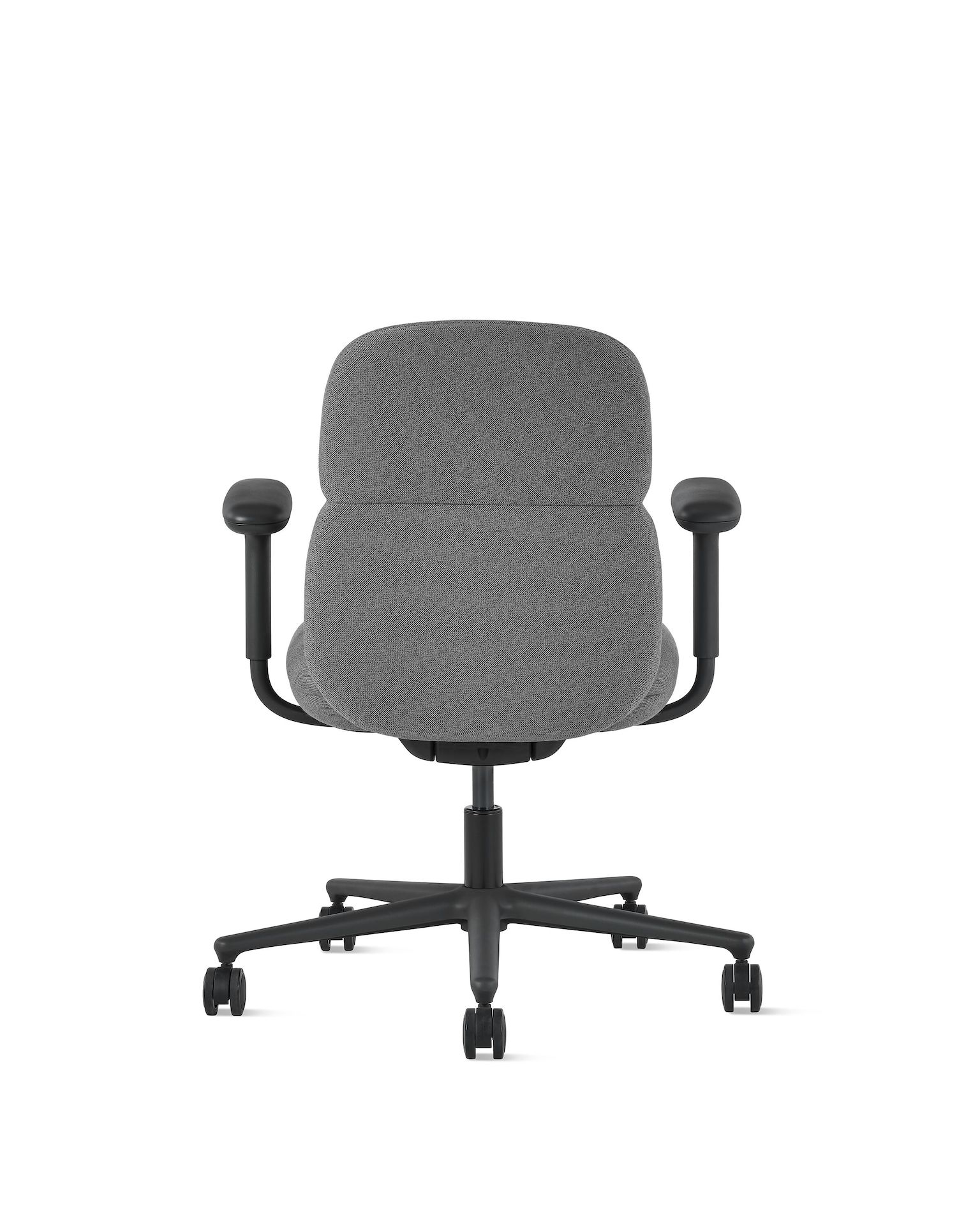 Rear view of a mid-back Asari chair by Herman Miller in dark grey with height adjustable arms.