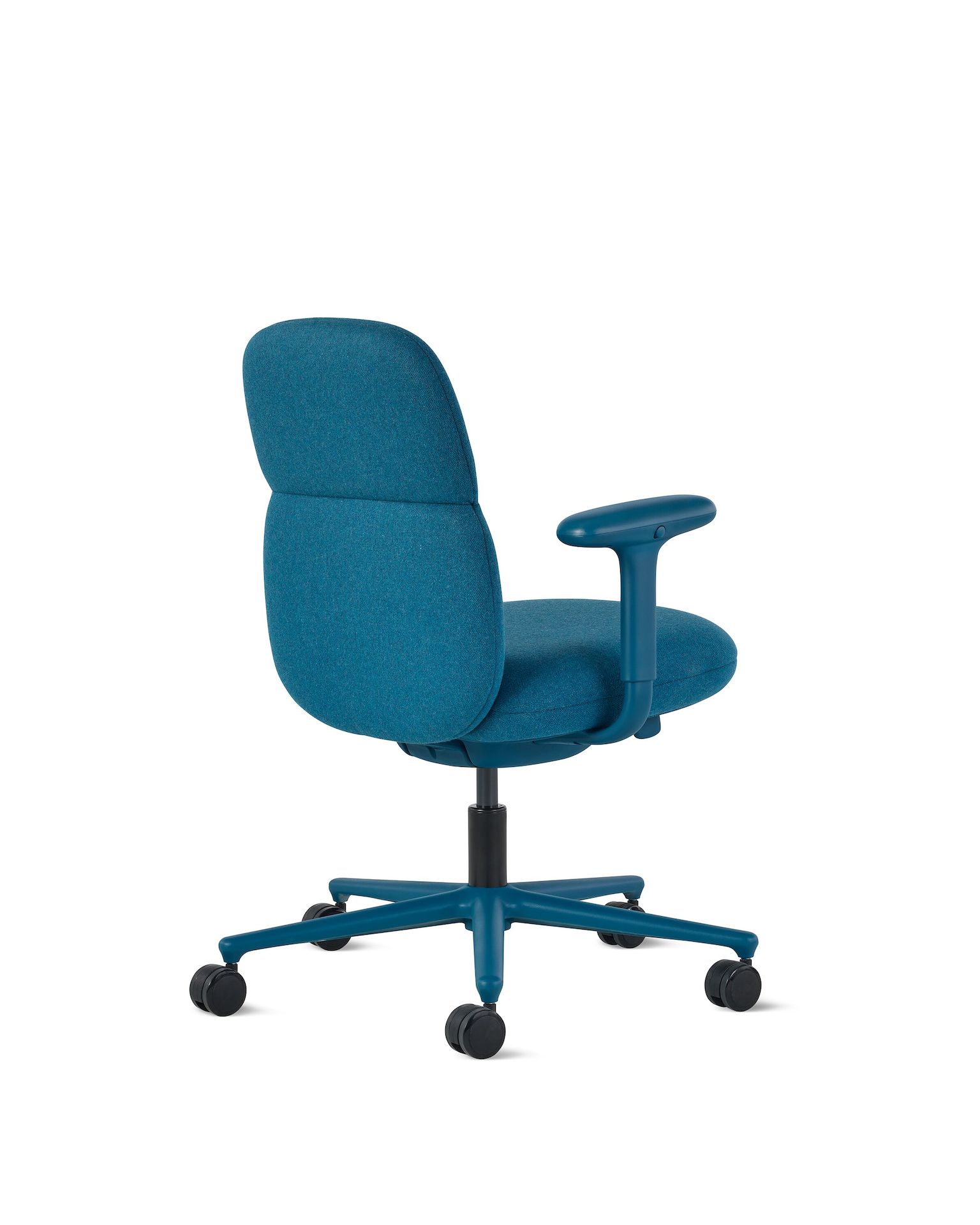 Rear angle view of a mid-back Asari chair by Herman Miller in teal blue with height adjustable arms.