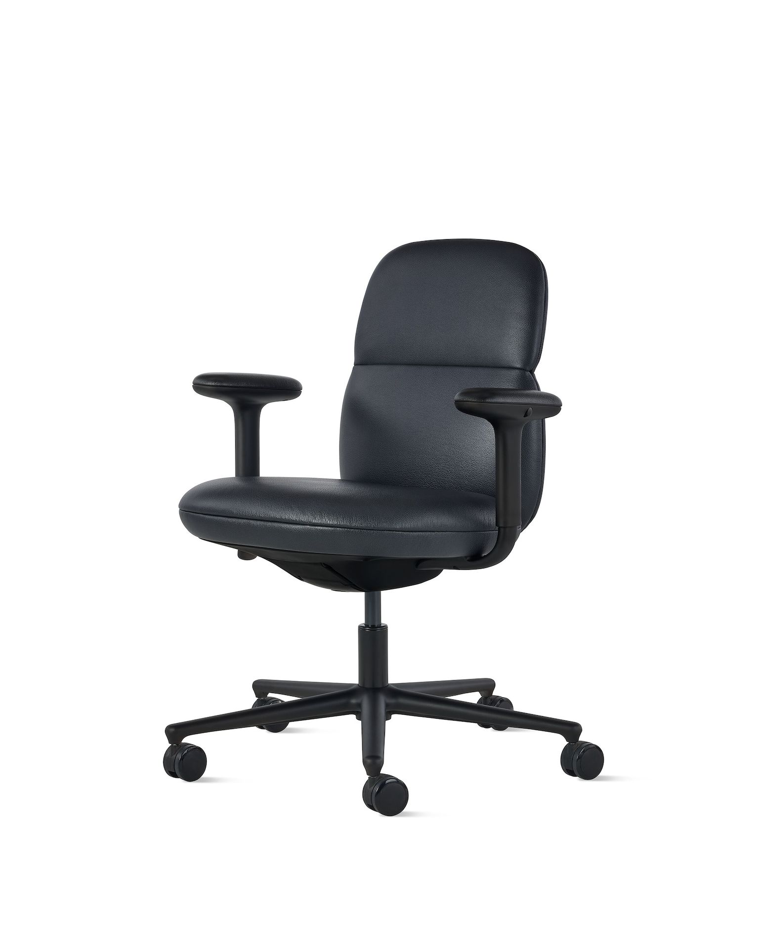 Front angle view of a mid-back Asari chair by Herman Miller in black leather with height adjustable arms.