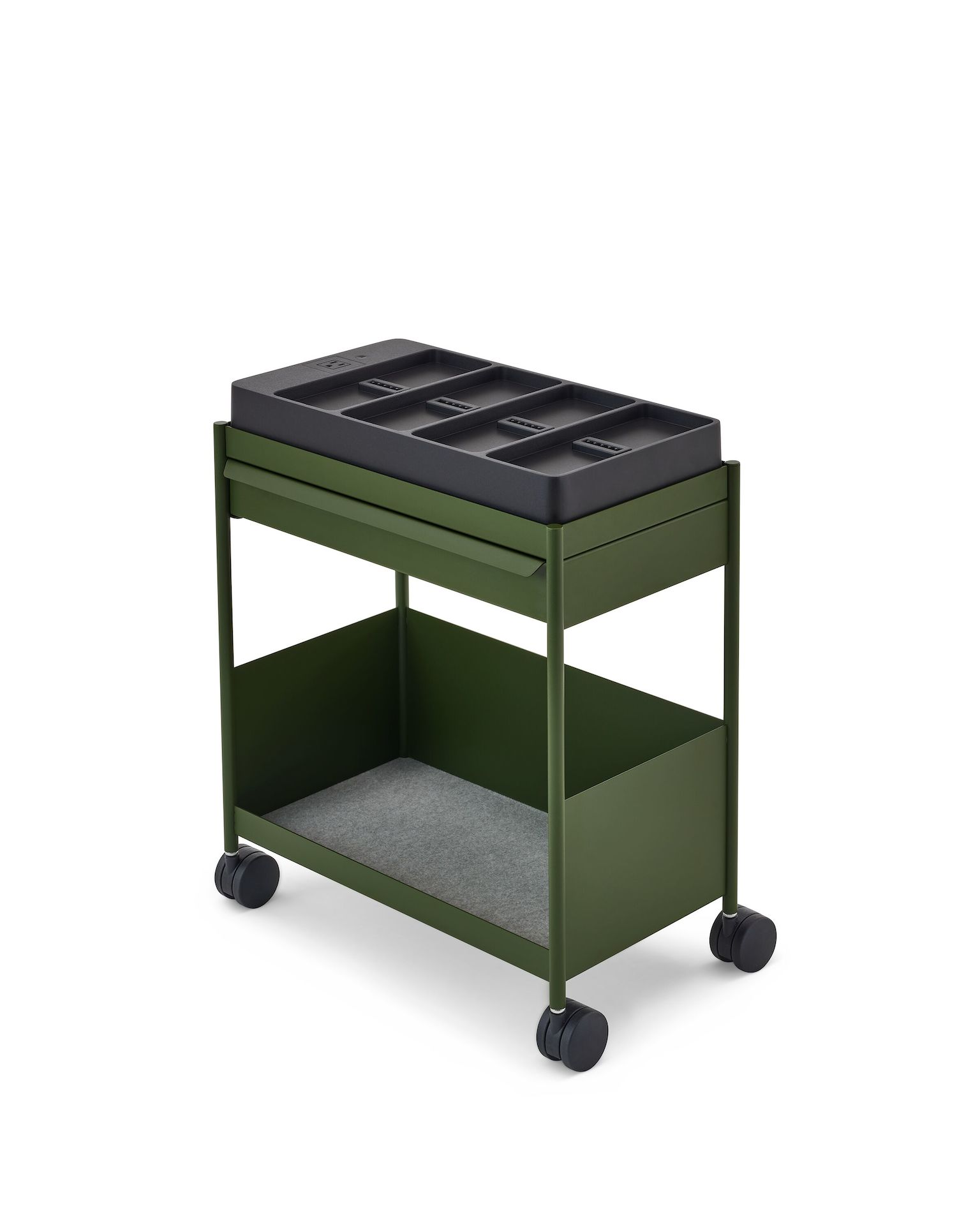 Black OE1 Power Tray on a green OE1 Storage Trolley, viewed from an angle. 