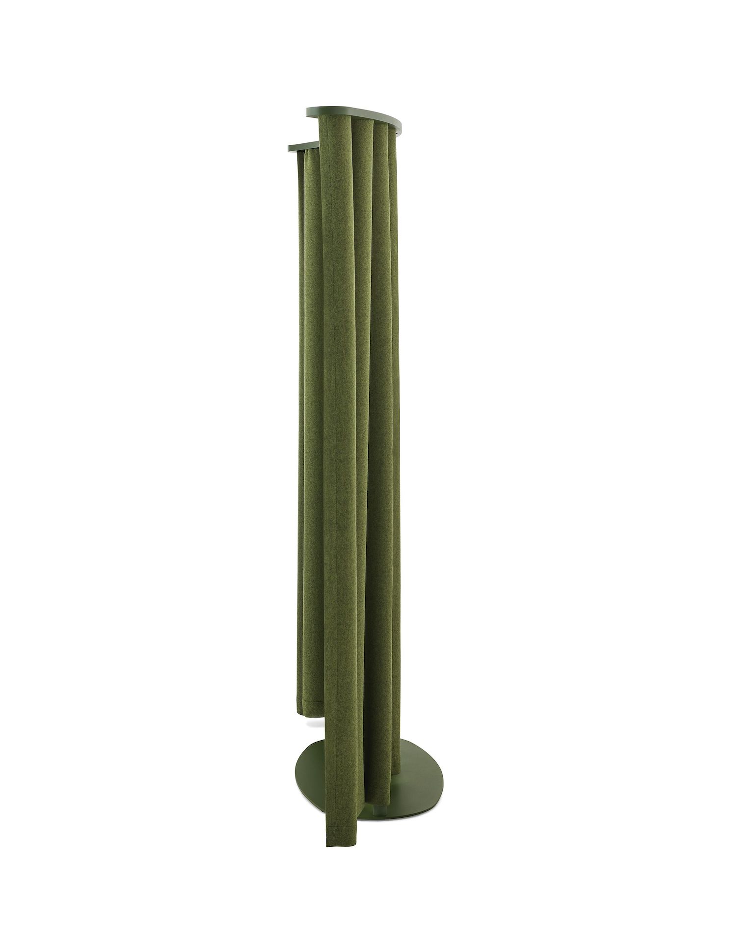 Green, curved OE1 Freestanding Curtain with green frame viewed from the side. 