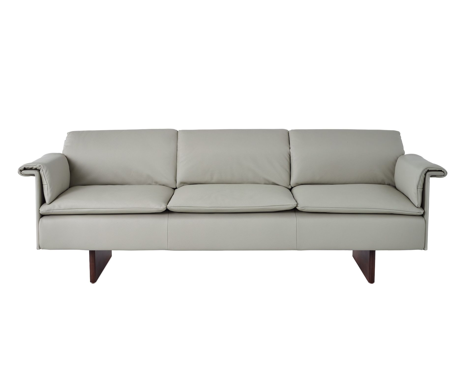 Mantle Three Seater Sofa with Walnut Wood Base in Bristol Leather Ash Gray.