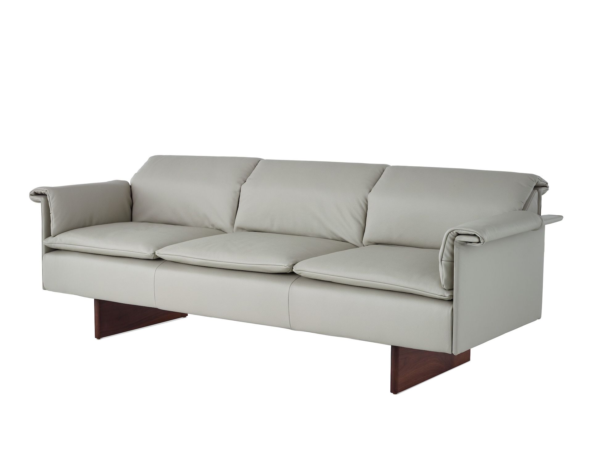 Mantle Three Seater Sofa with Walnut Wood Base in Bristol Leather Ash Gray.