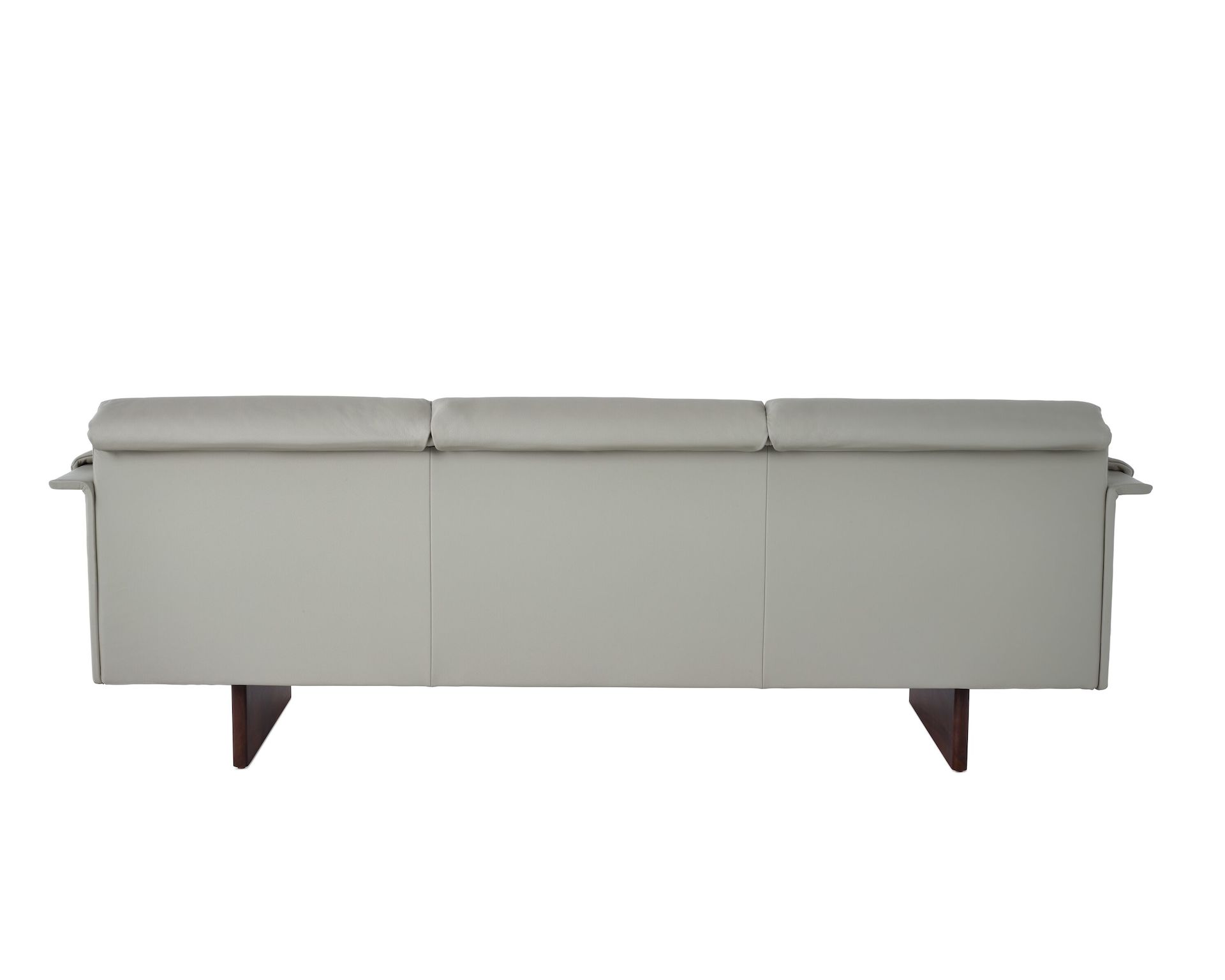 Mantle Three Seater Sofa with Walnut Wood Base in Bristol Leather Ash Gray.
