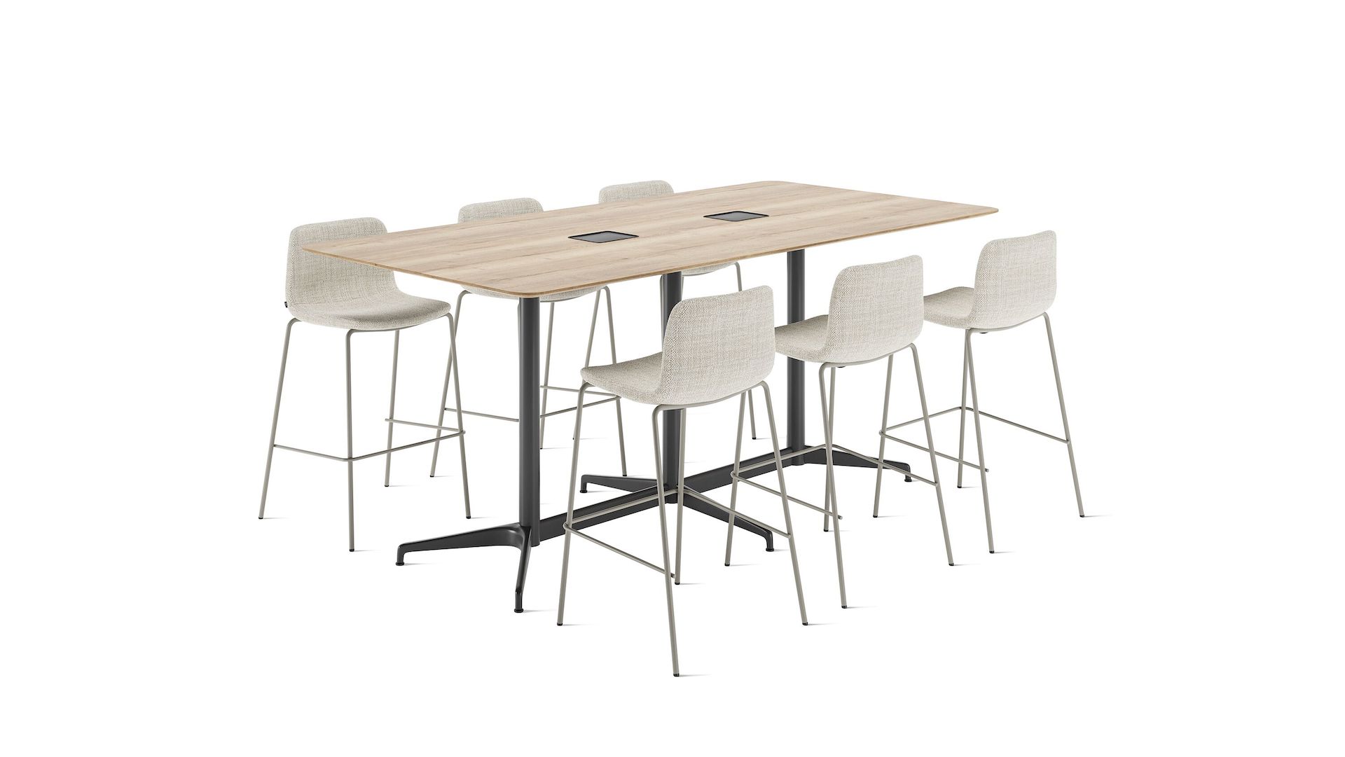 A standing height Civic Table with two power access cutouts and six Viv stools.