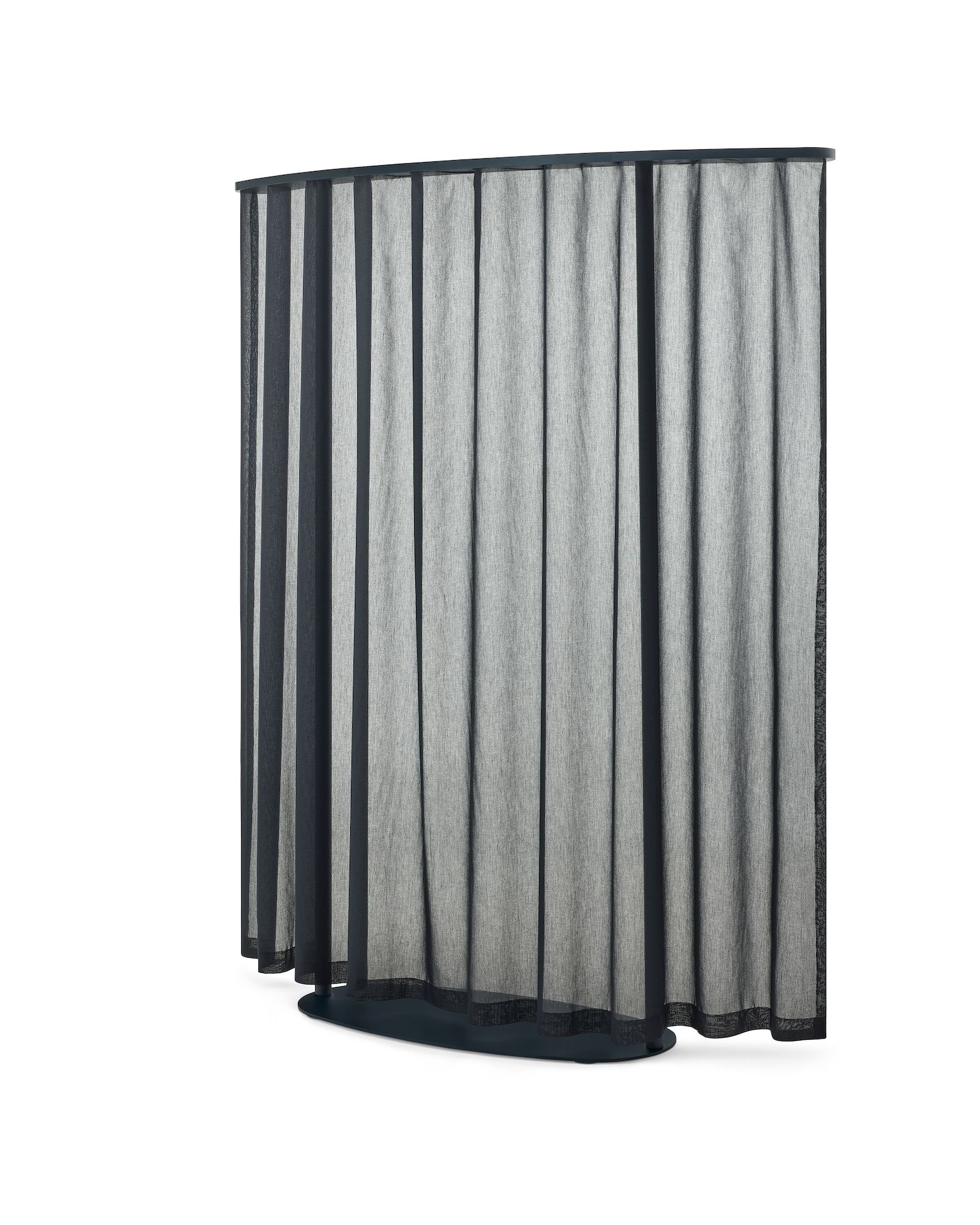 Dark blue curved OE1 Freestanding Curtain with blue frame viewed from a front angle. 