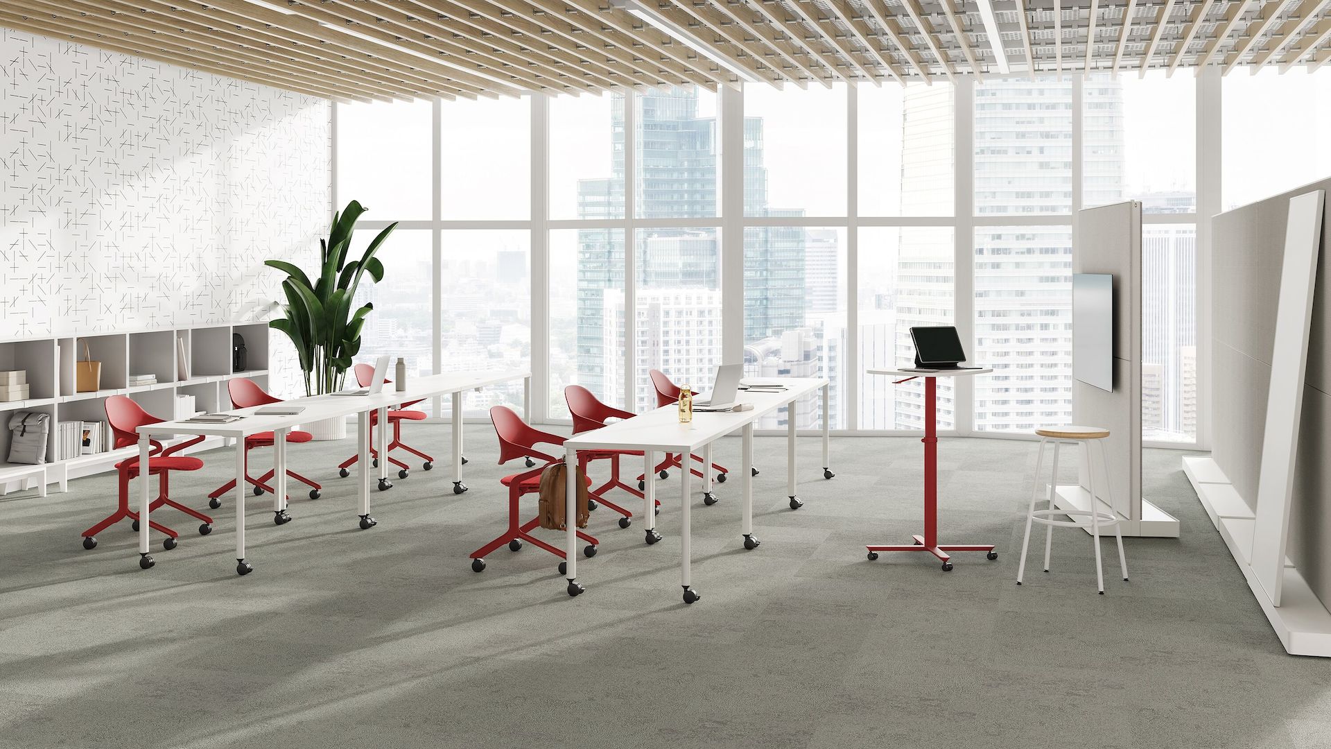 A training setting featuring two rows of rectangular tables and Fuld chairs in canyon.