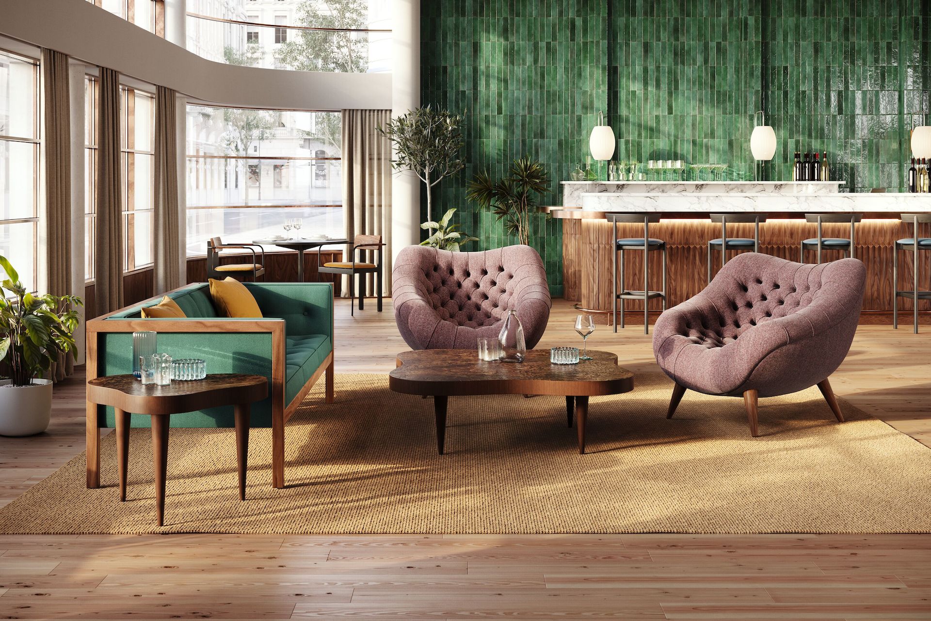 Hospitality Space with Rohde Easy Chairs, Rohde Paldao Tables and Nelson Cube Sofa