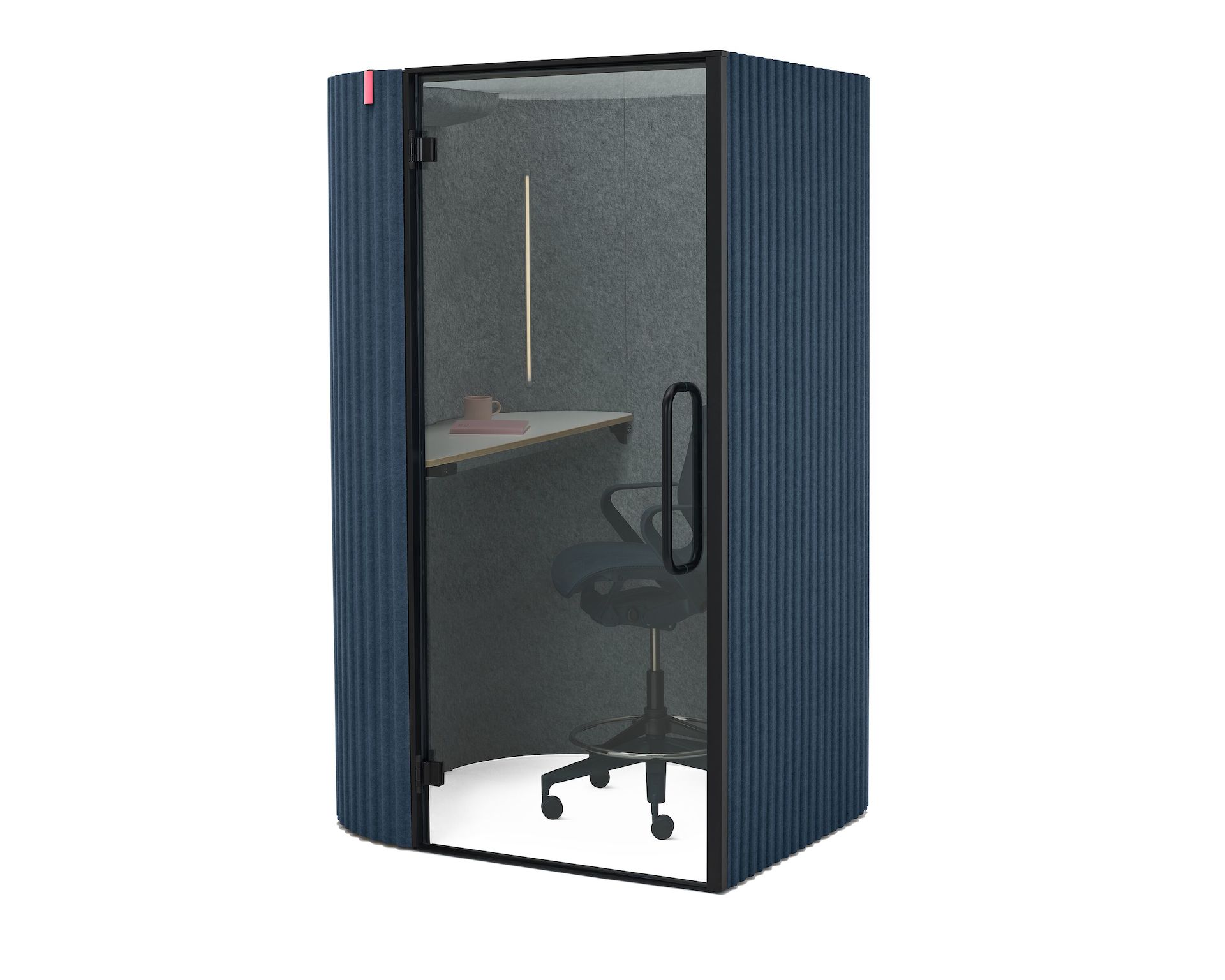 An angle view of a Bay Work Pod with a standing height worksurface and a Cosm stool.