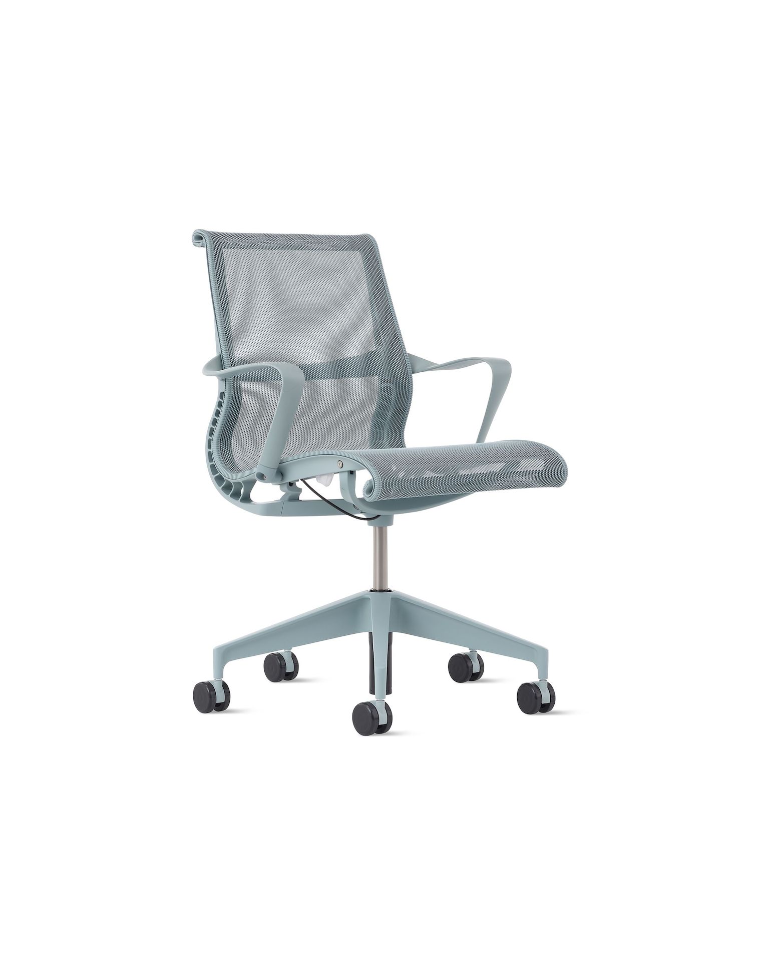 Front angle view of a Setu chair with fixed arms in light blue.