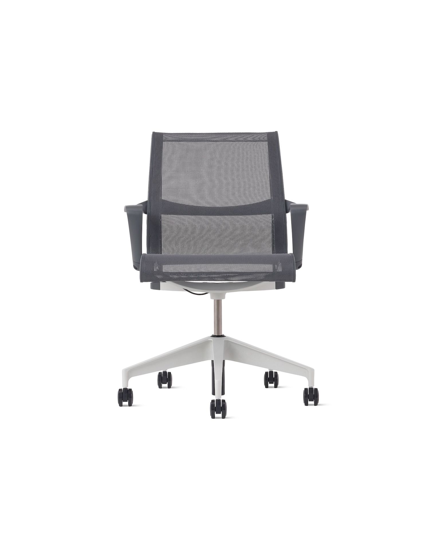 Front view of a Setu chair in grey with a silver alloy base.