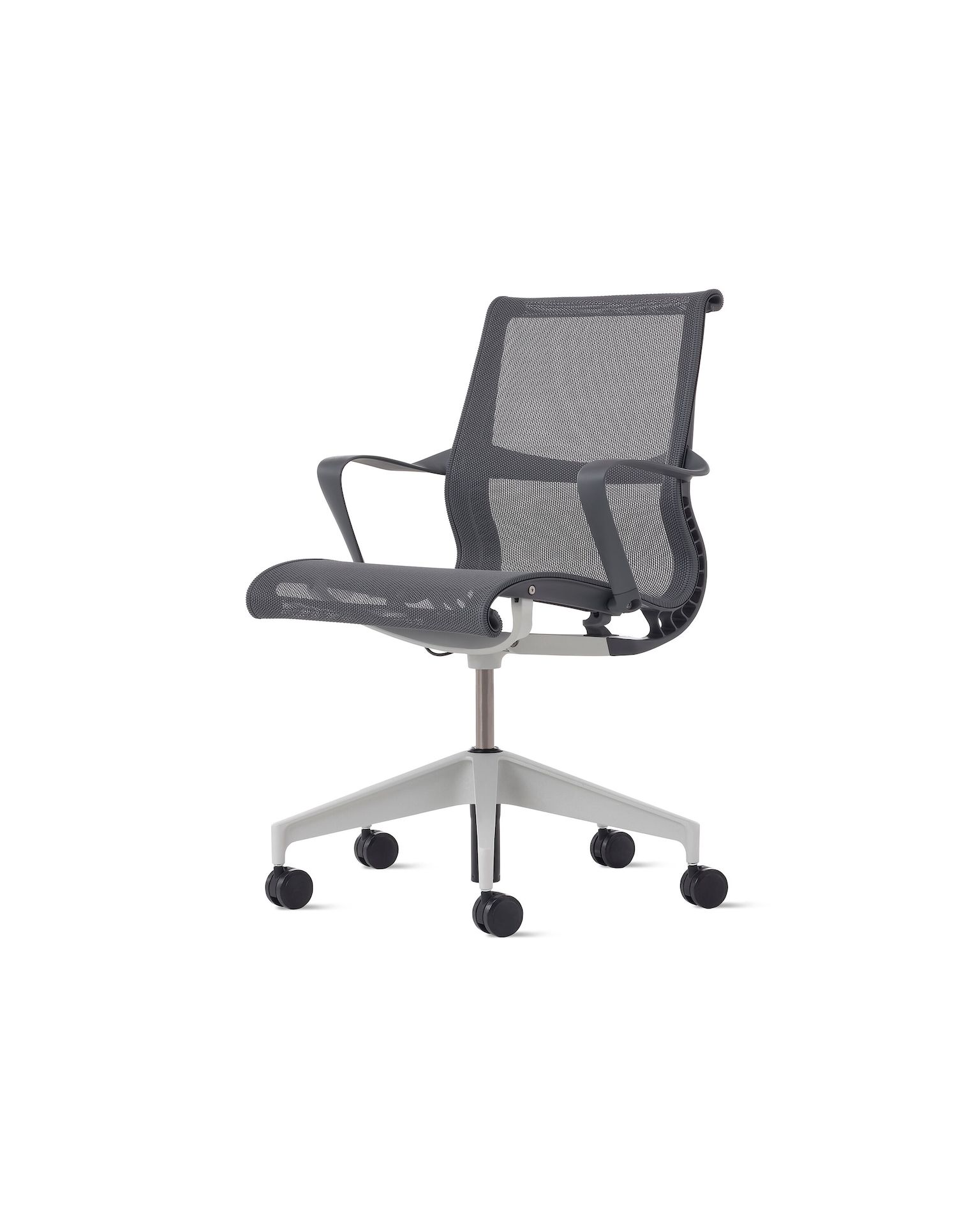 Front angle view of a Setu chair in grey with a silver alloy base.