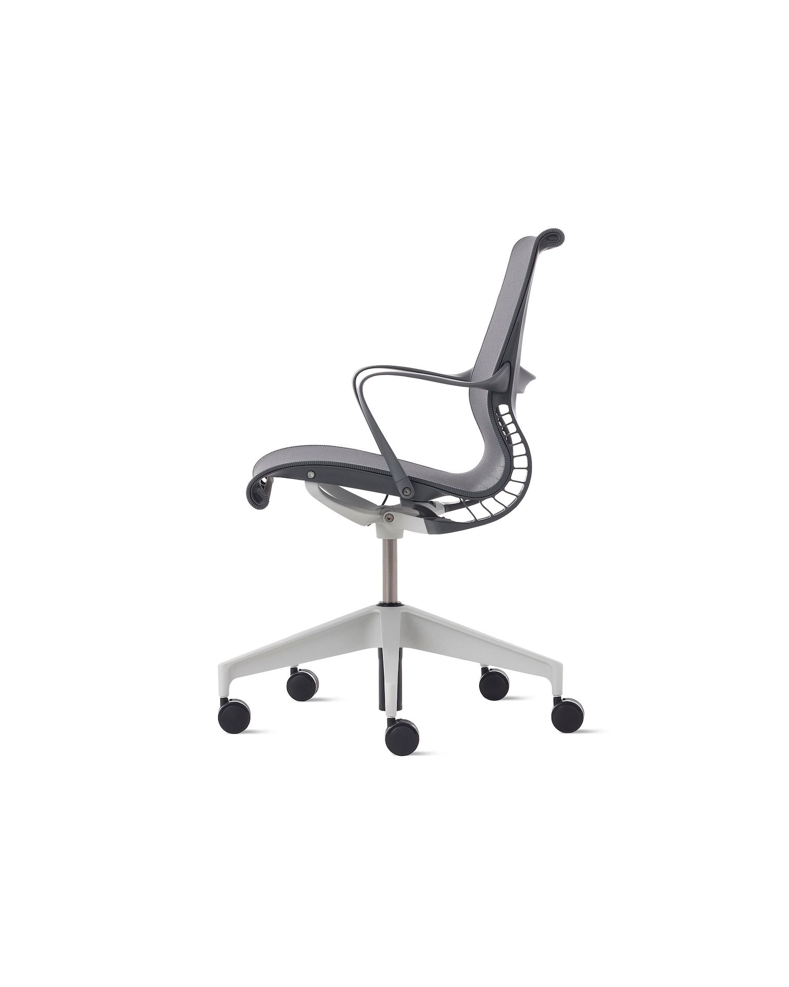 Side view of a Setu chair in grey with a silver alloy base.