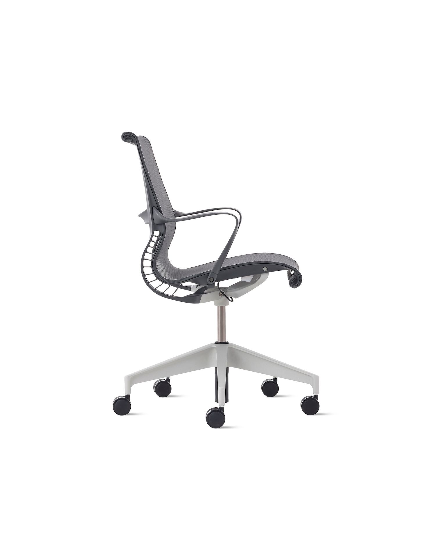 Side view of a Setu chair in grey with a silver alloy base.
