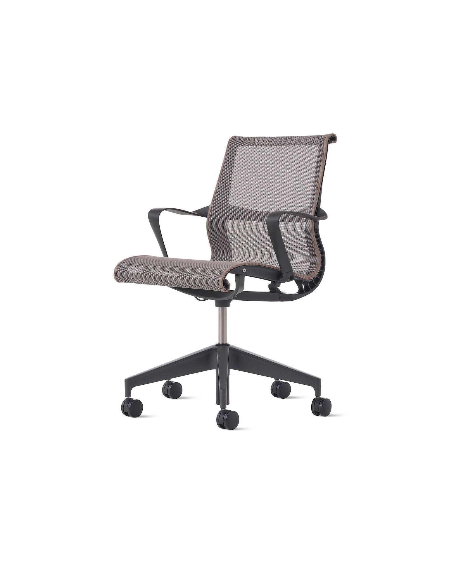 Front angle view of a Setu chair with fixed arms with a dark grey  frame and base with light brown suspension.
