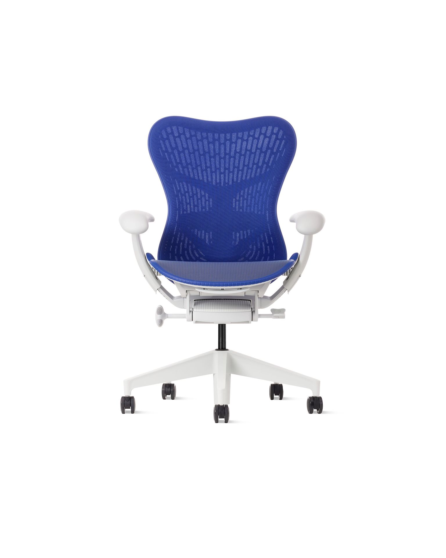 Front view of a Mirra 2 chair with a Butterfly back in ultramarine blue and alpine frame.