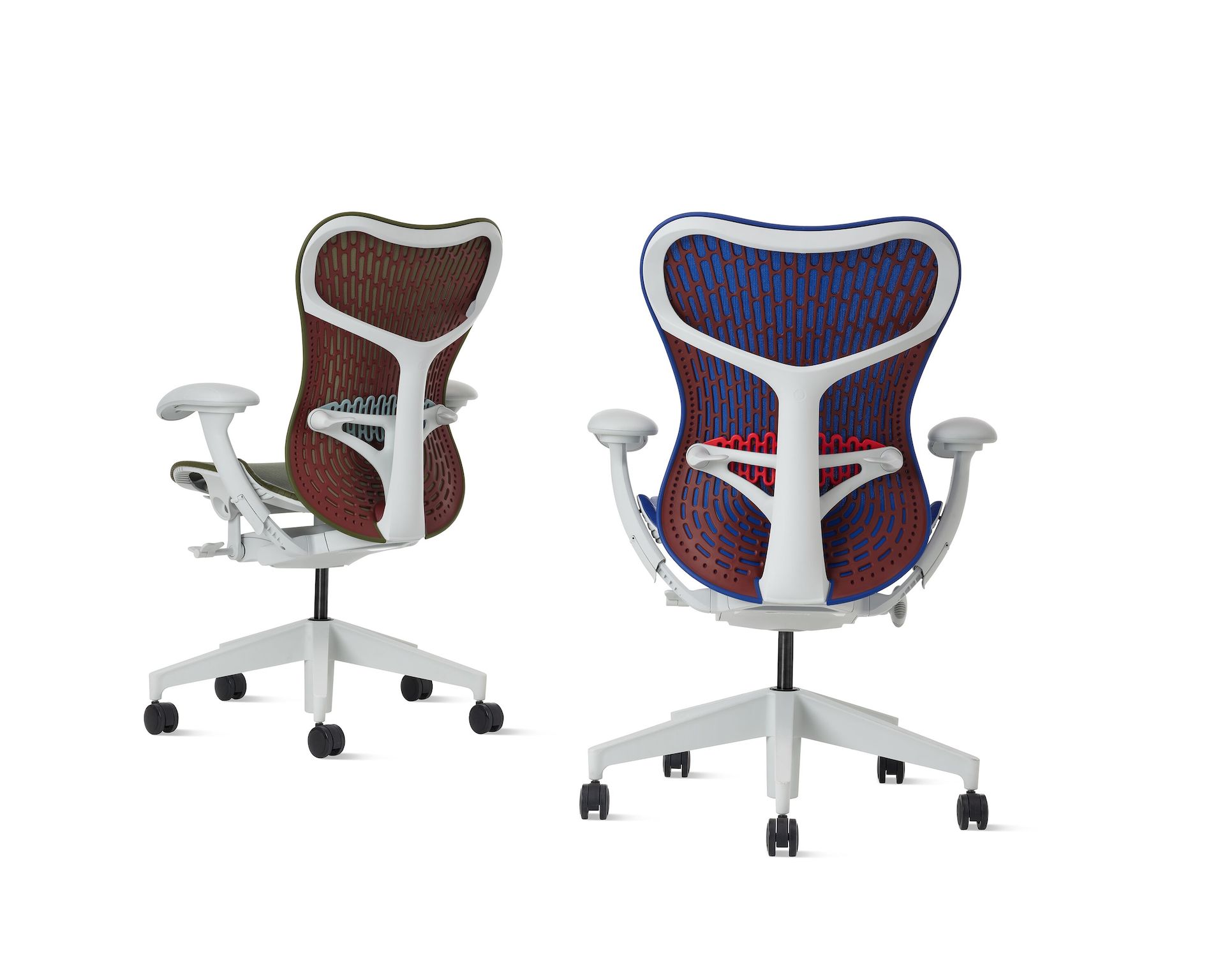 Two Mirra 2 chairs, with a Butterfly backs and color-blocked.