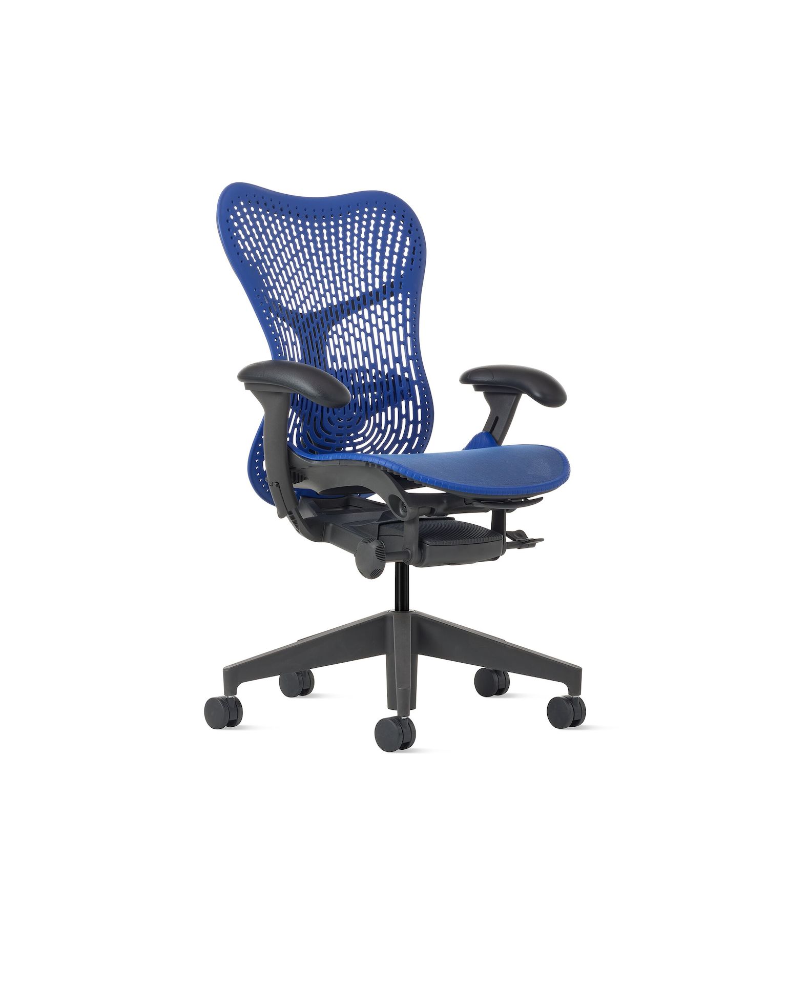 Front angle view of a Mirra 2 chair with a Triflex back in ultramarine blue.