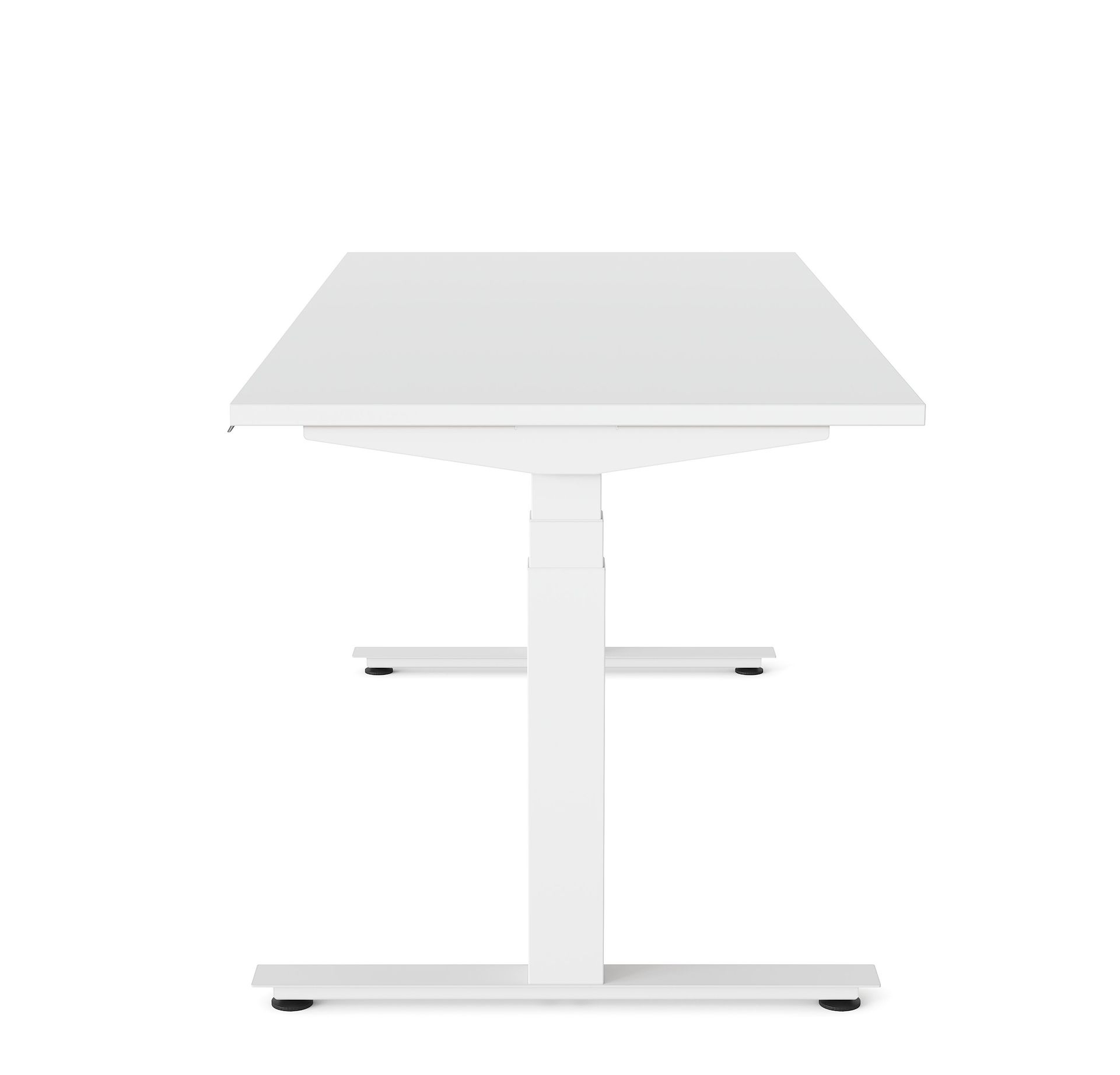 A white Nevi Sit-Stand Desk at seated height, viewed from the side.