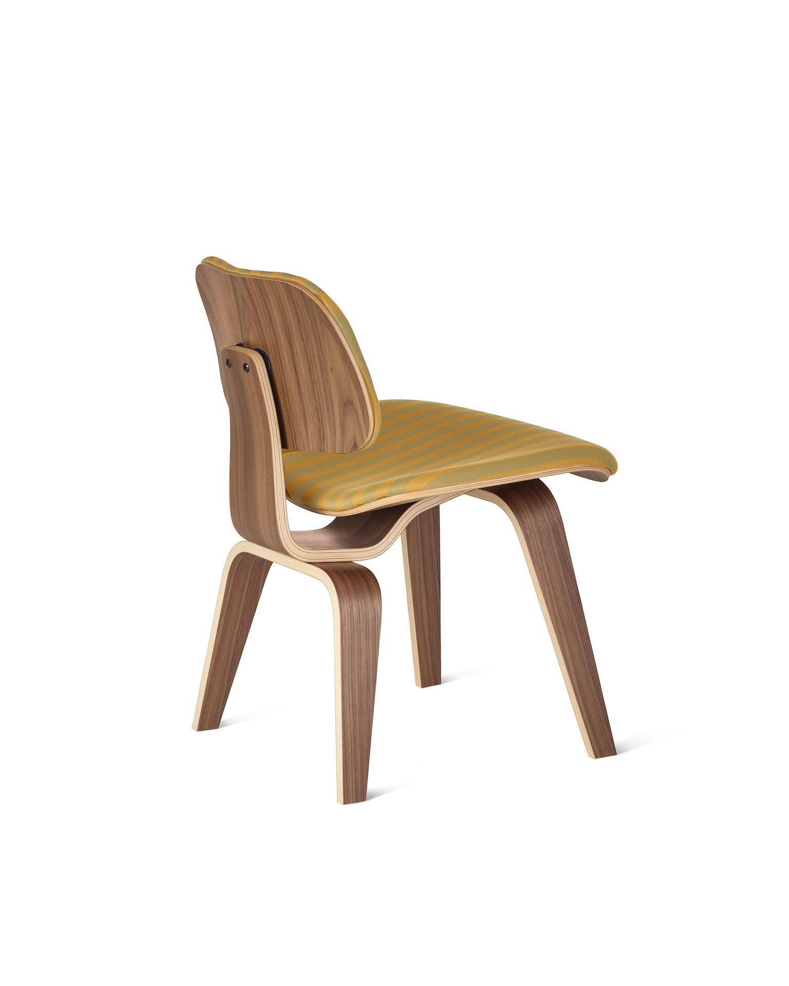 Eames Molded Plywood Chair, DCW in walnut and striped ochre and dark sienna upholstery.