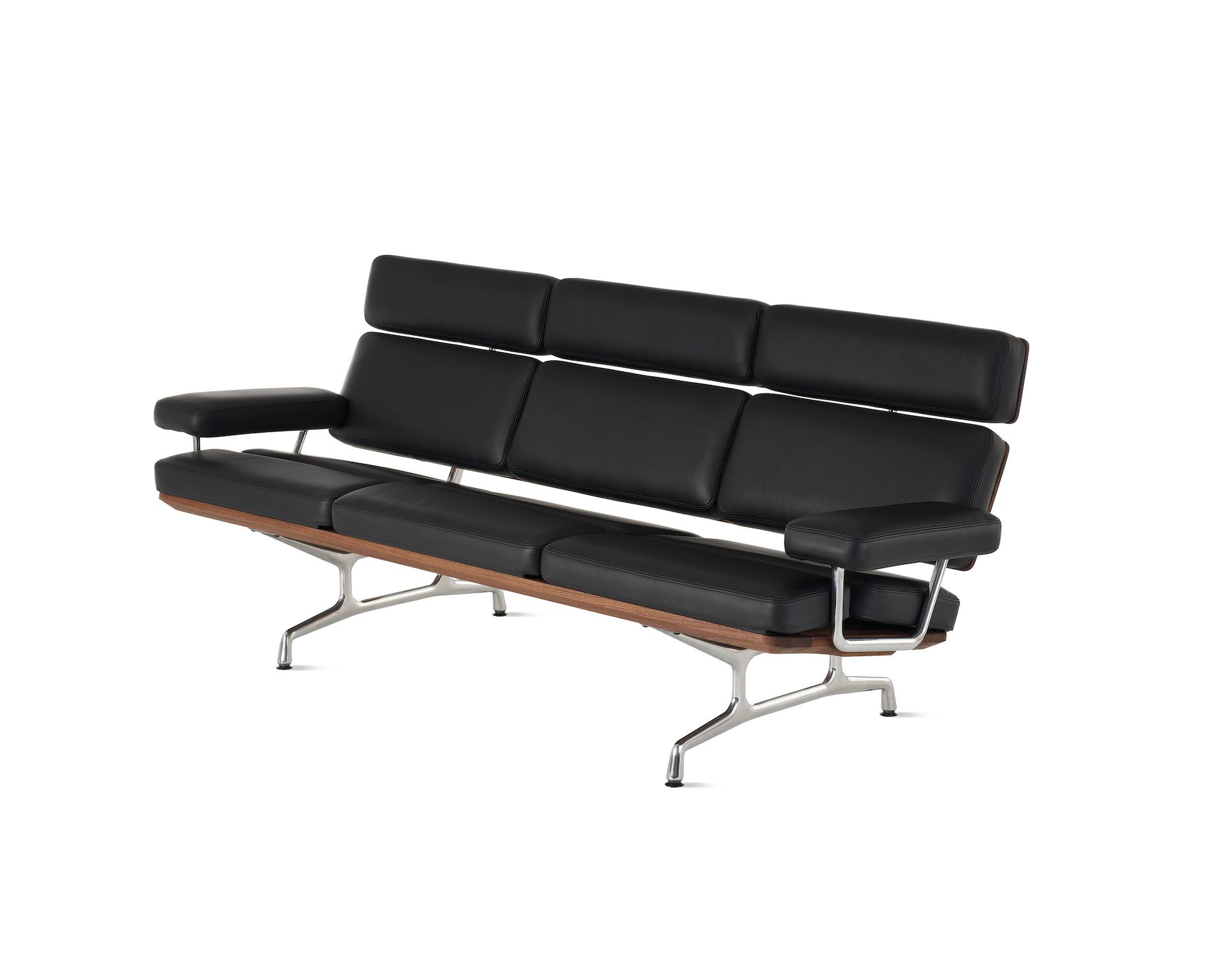 Eames Sofa Three Seater in black Prone Obsidian leather with walnut frame.