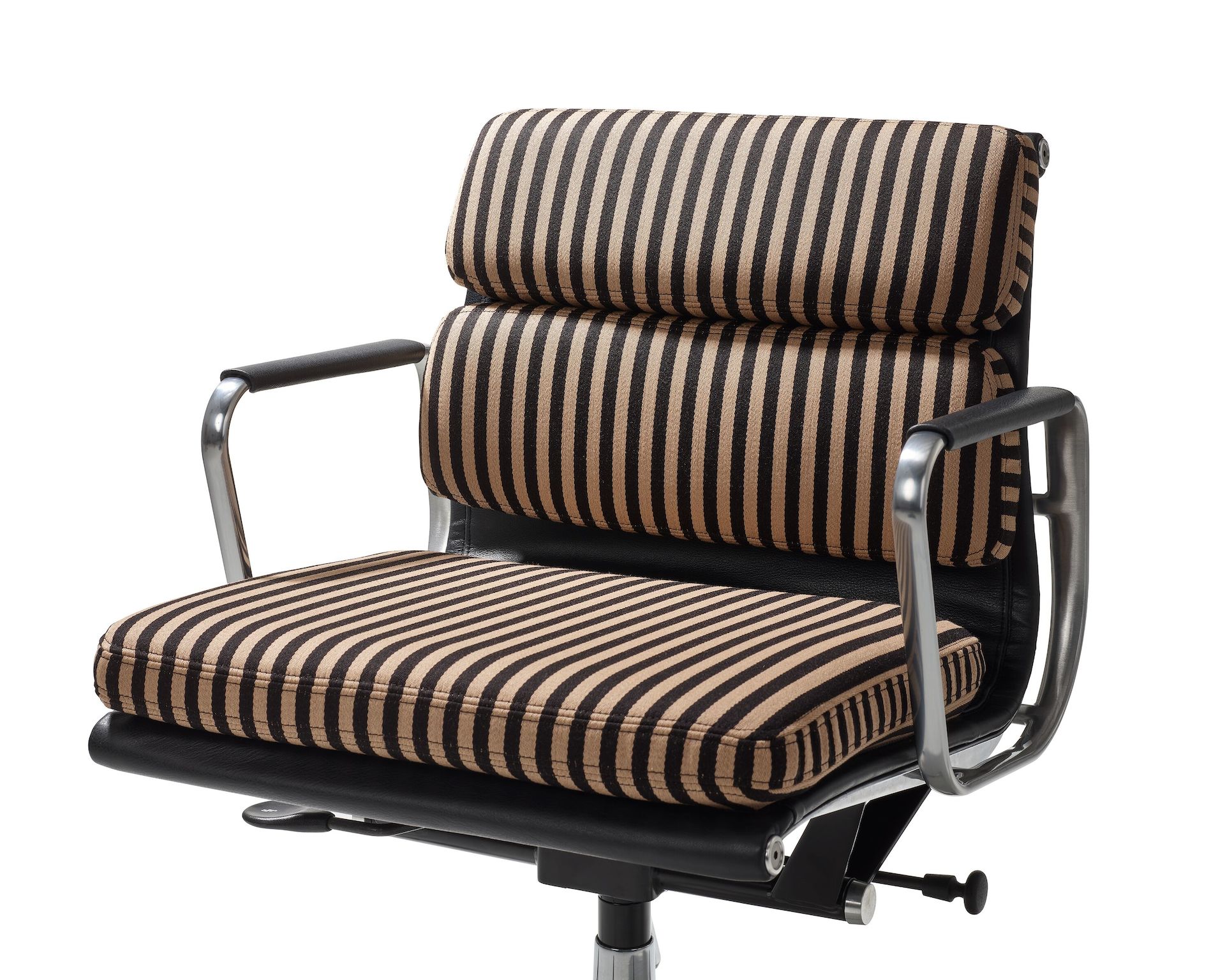 Eames Soft Pad Chair, Management Height in stripe black and tan upholstery.