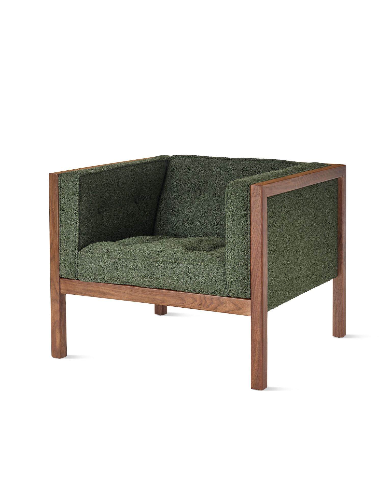 Nelson Cube Armchair in green textile and walnut frame.