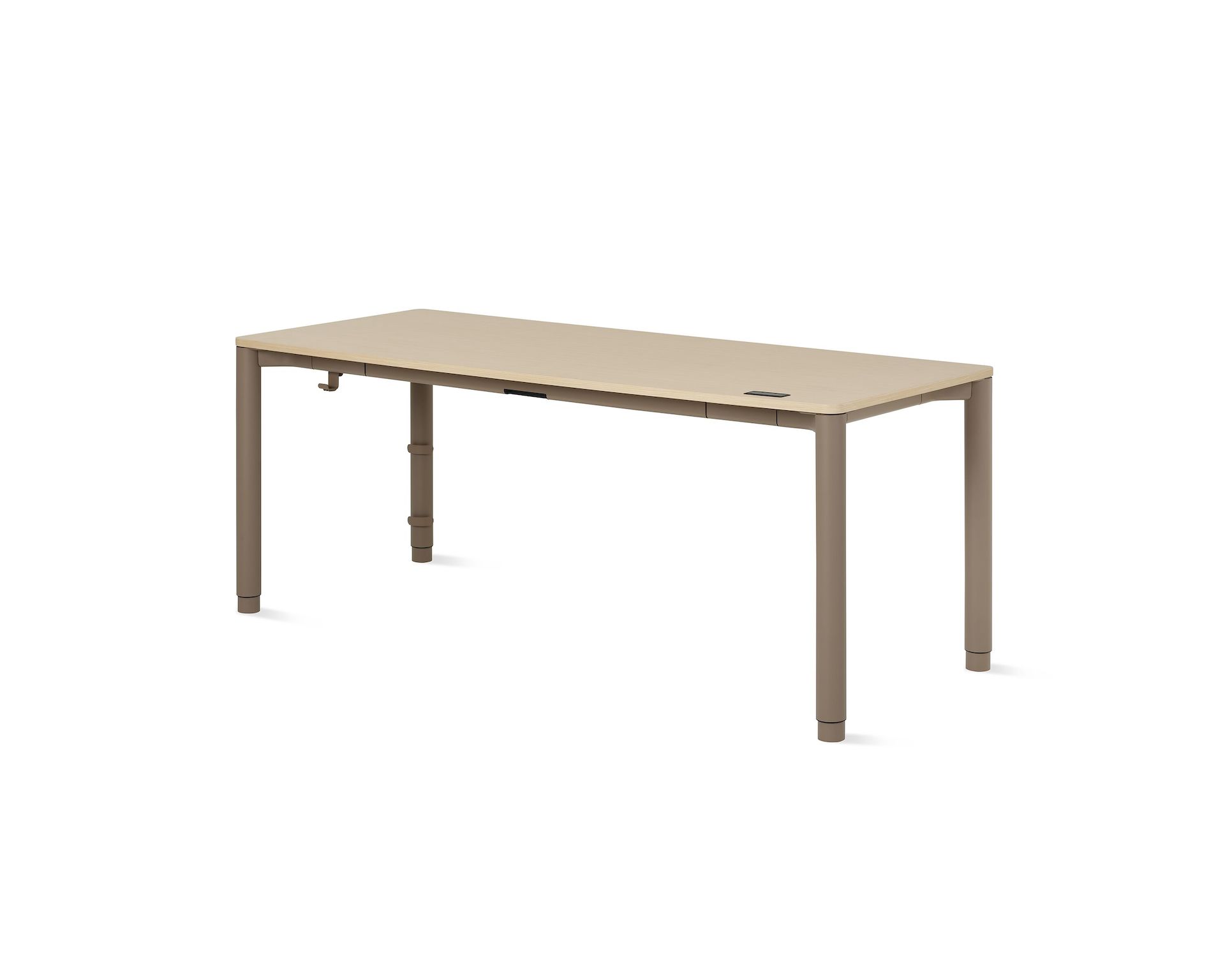 Angle view of a four leg height-adjustable  table shown with a light woodgrain surface and light brown legs.
