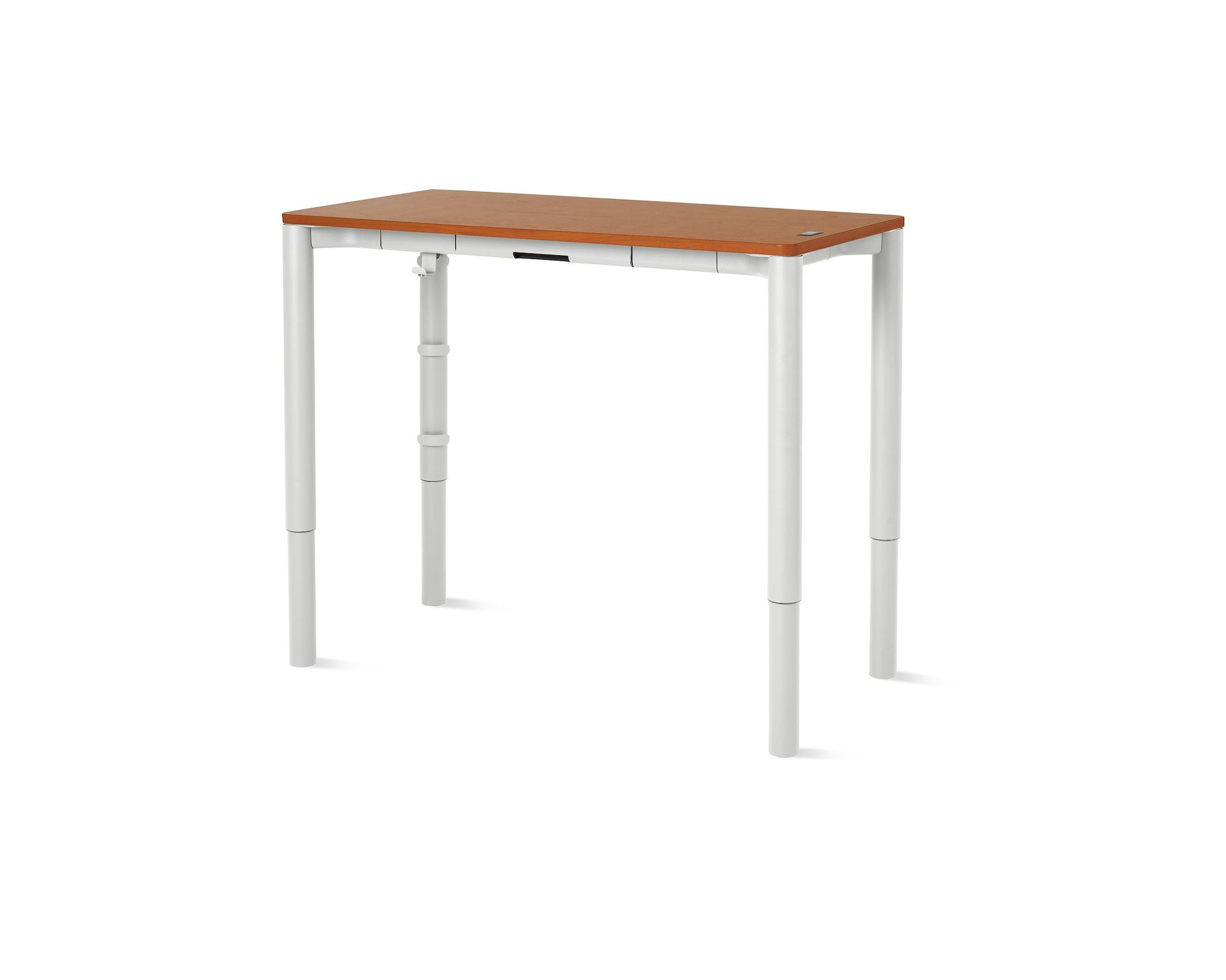 Four leg height-adjustable table shown with a dark woodgrain surface and white legs.